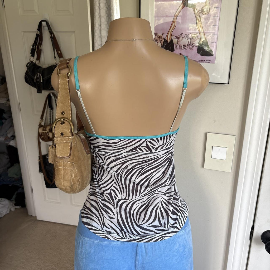y2k 2000s zebra print turquoise lace cami top