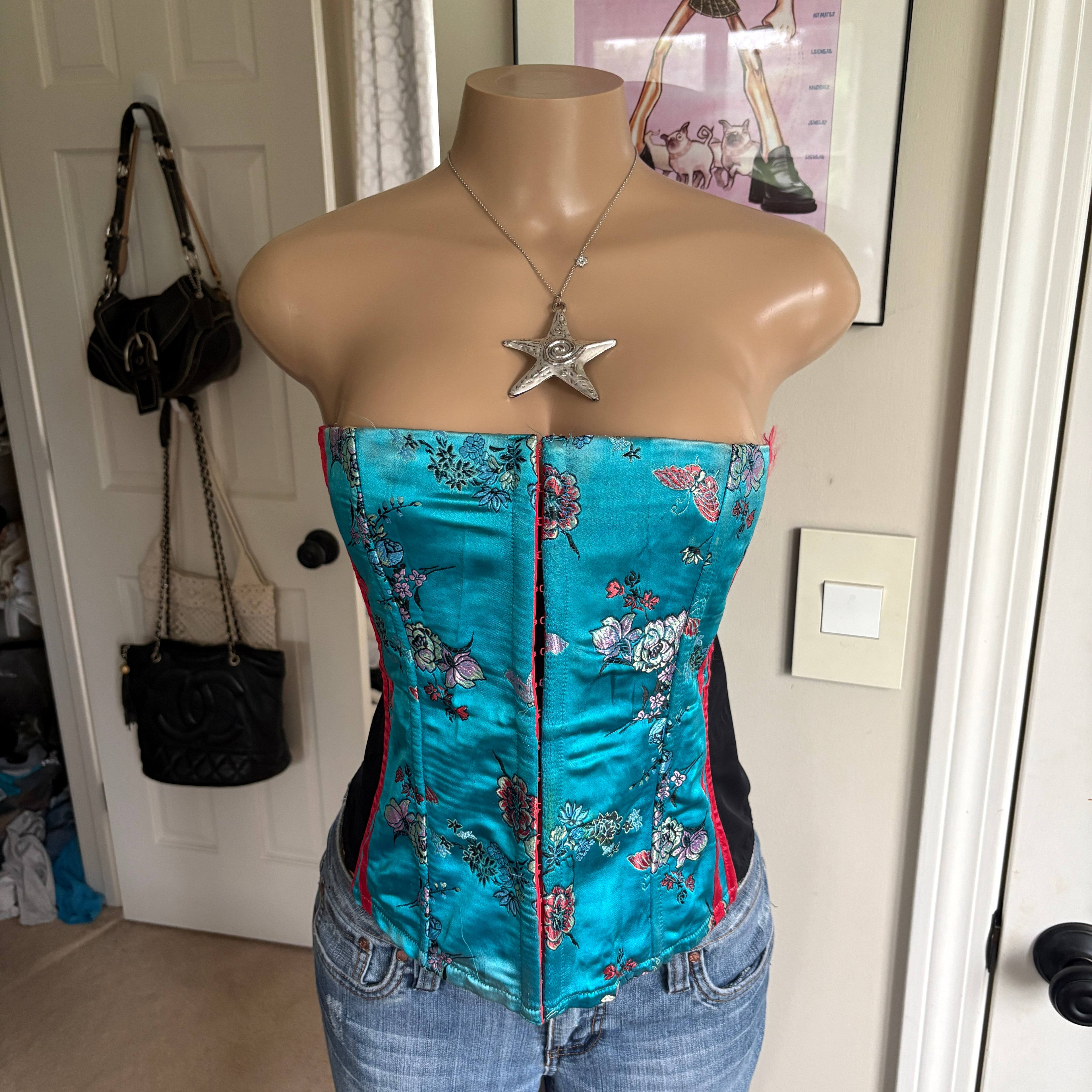 00s blue floral strapless corset top (size L)