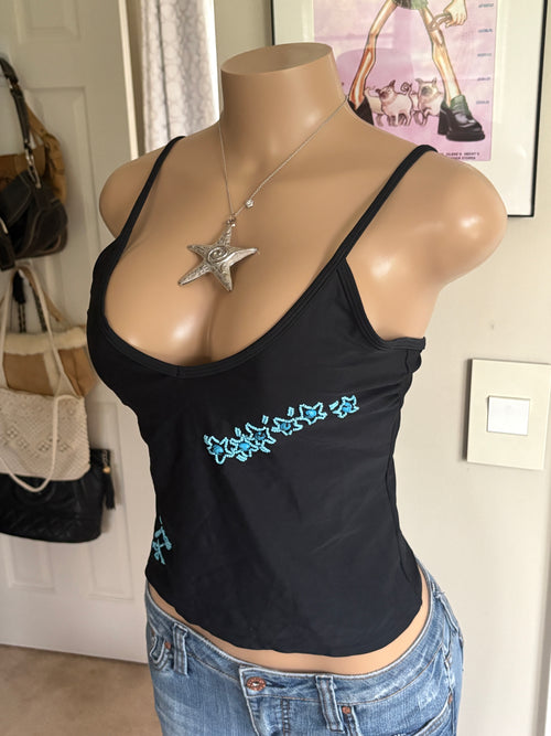 00s black & blue floral beaded tank (size L)