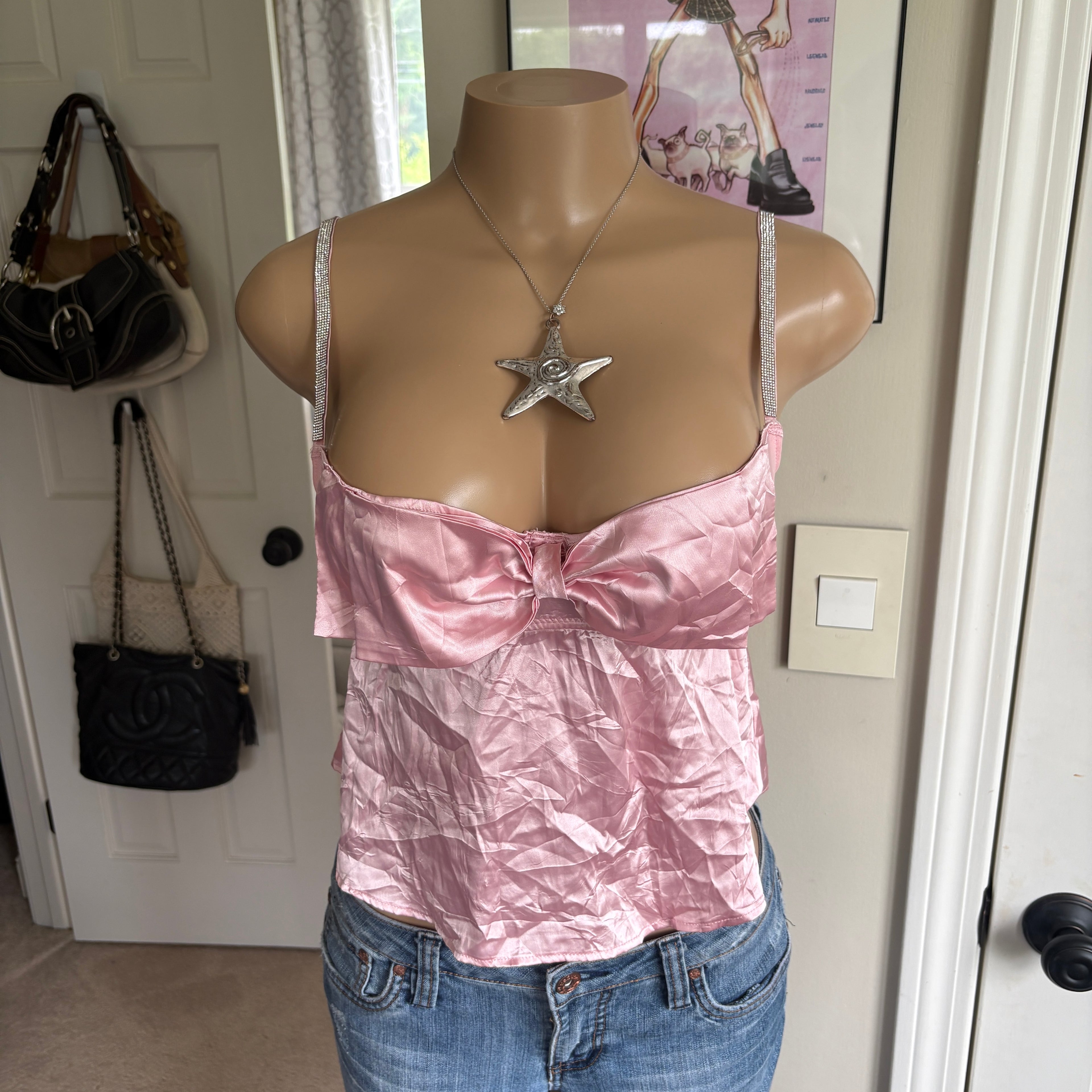 00s satin pink bow lingerie cami top (size S)