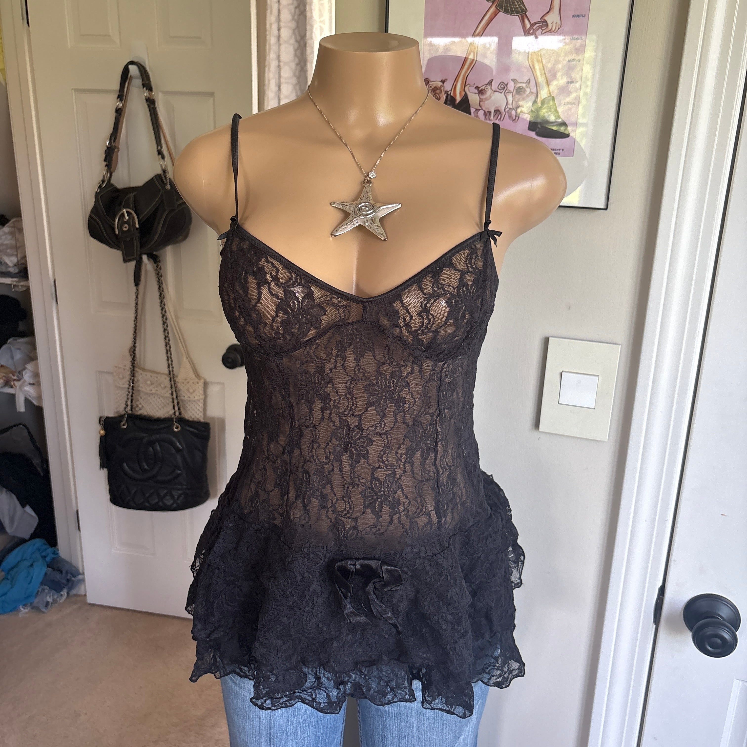 00s Victoria's Secret black lace ruffle top (size S)