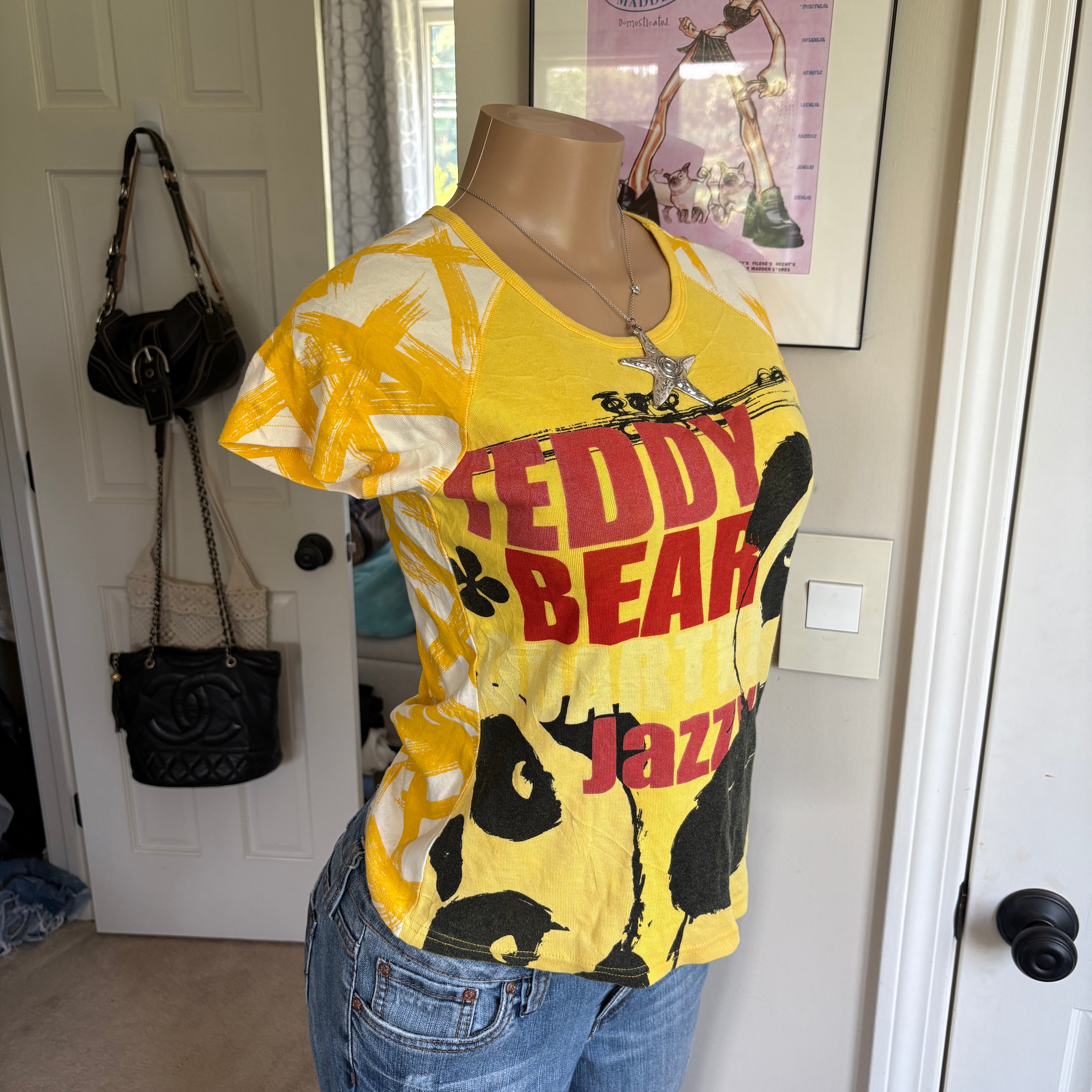 00s Custo Barcelona yellow panda teddy abstract t-shirt (size