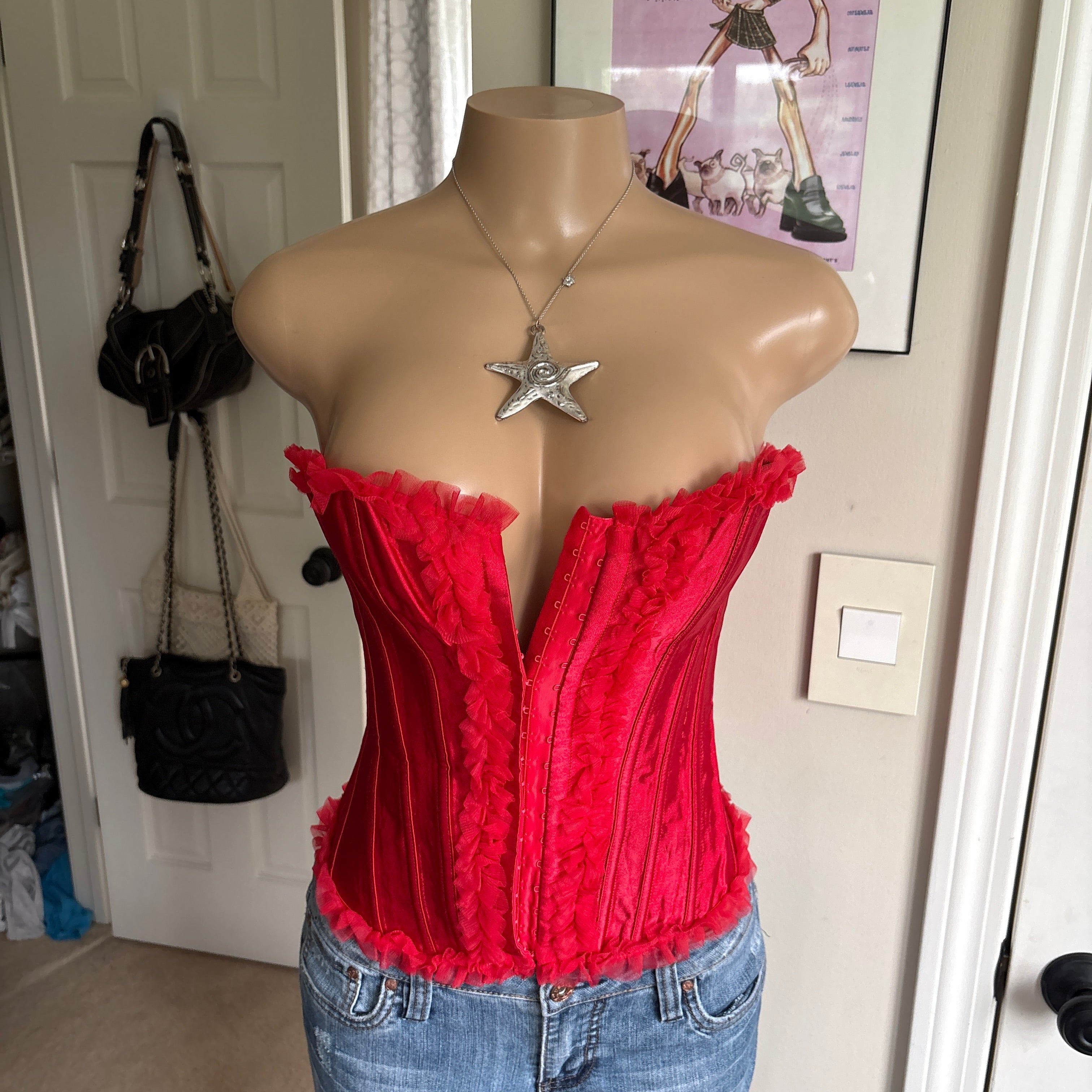 00s red bustier strapless corset top (size S)