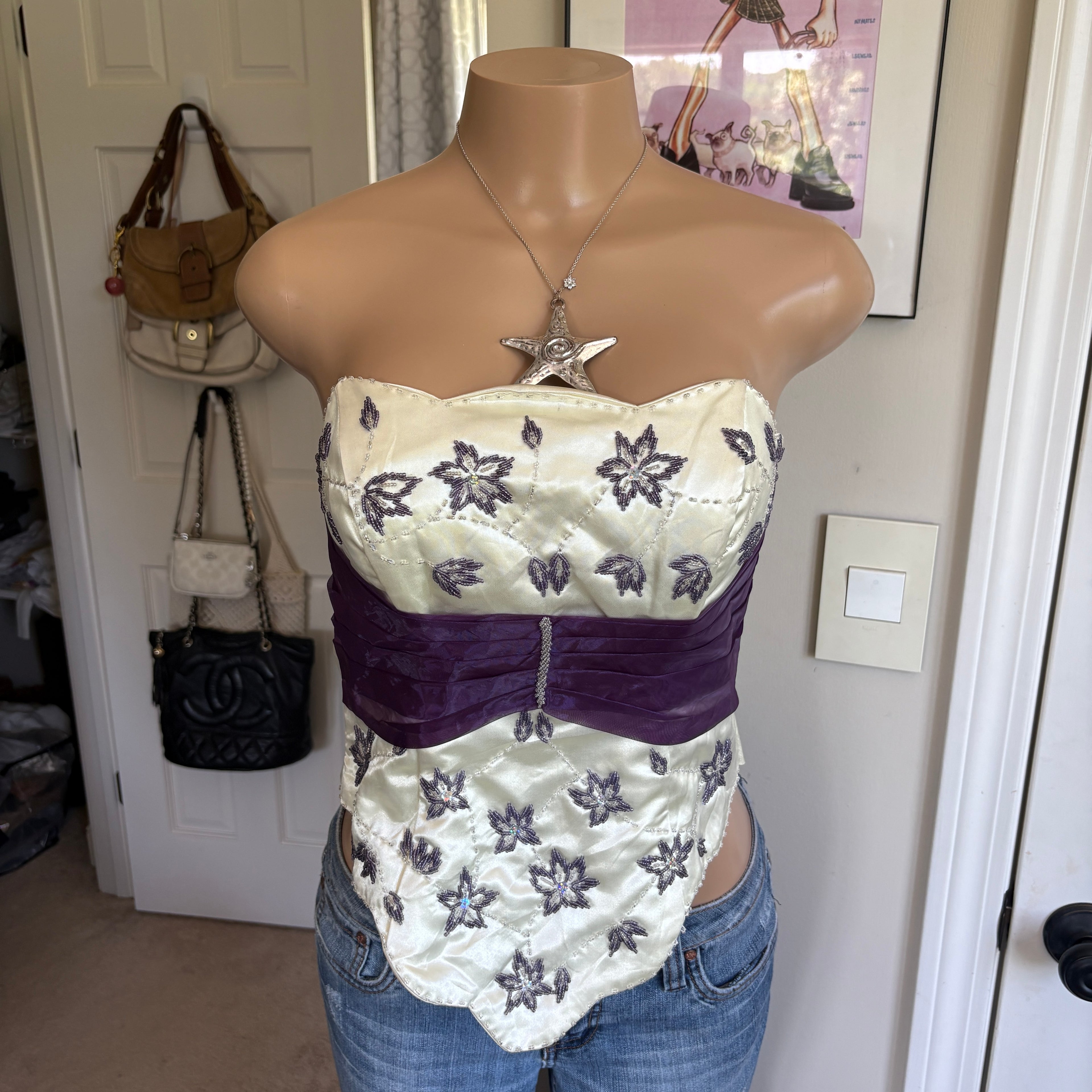 00s purple floral beaded corset top (size L)