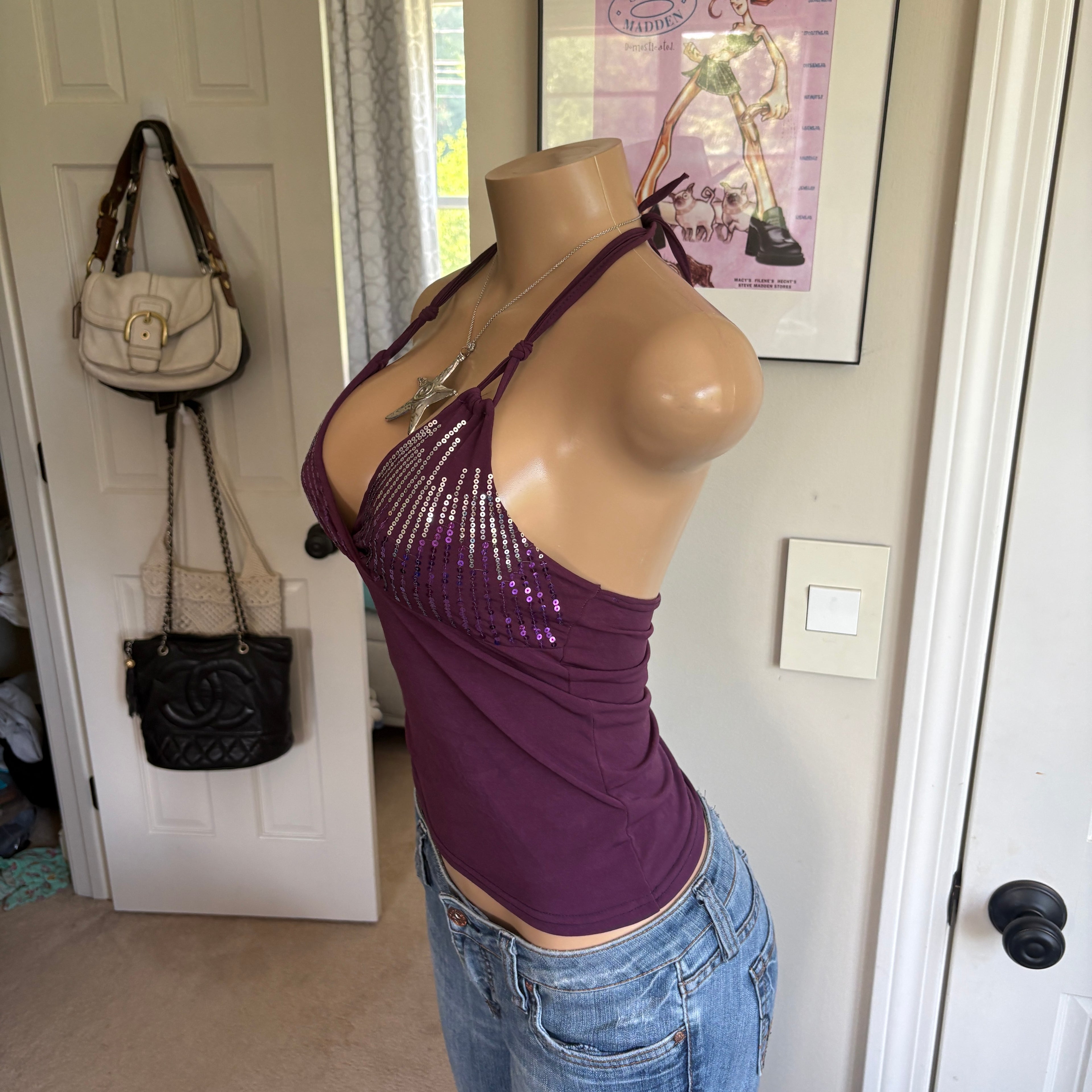00s purple sequin v neck halter top (size S/M)