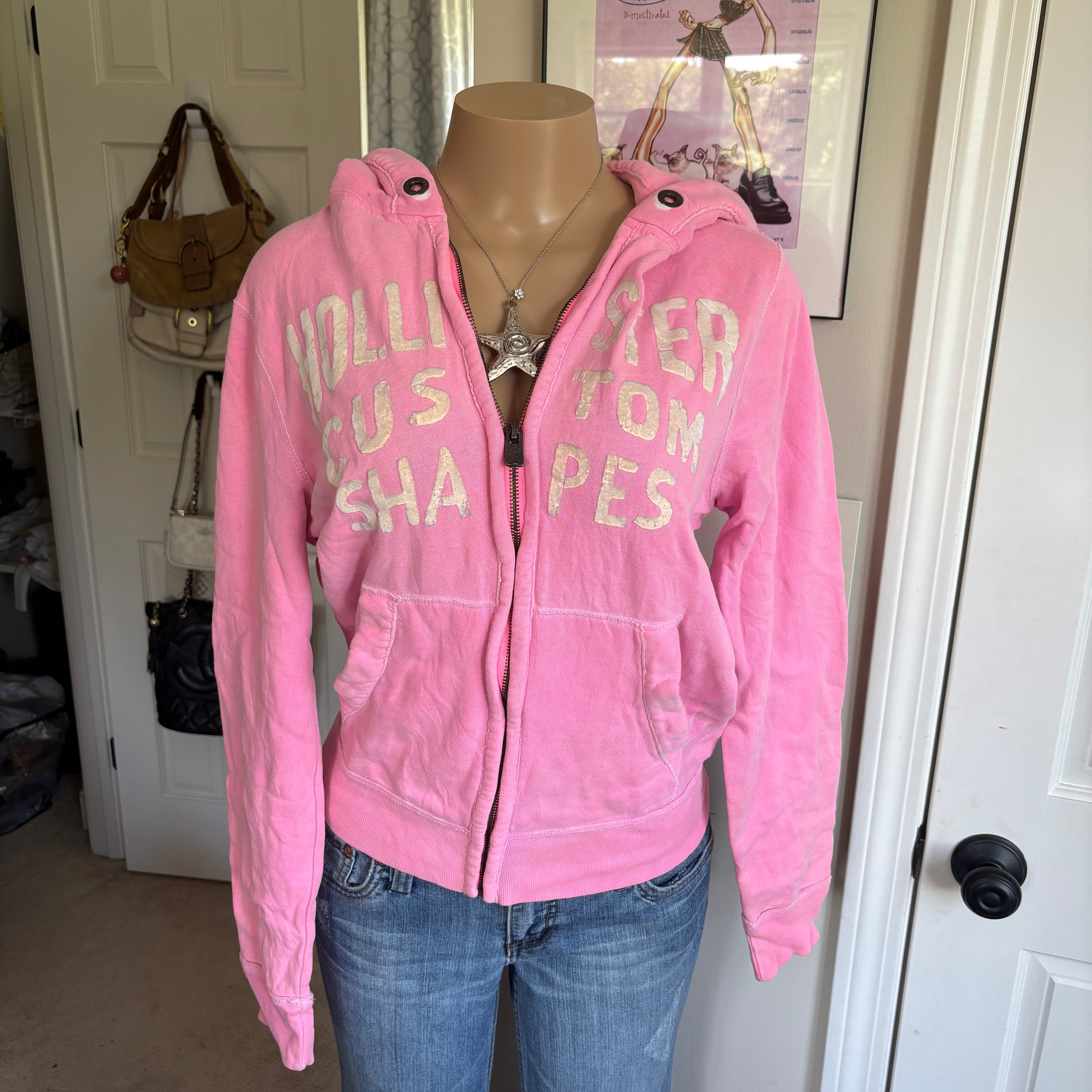 00s Hollister pink spellout zip hoodie (size S)