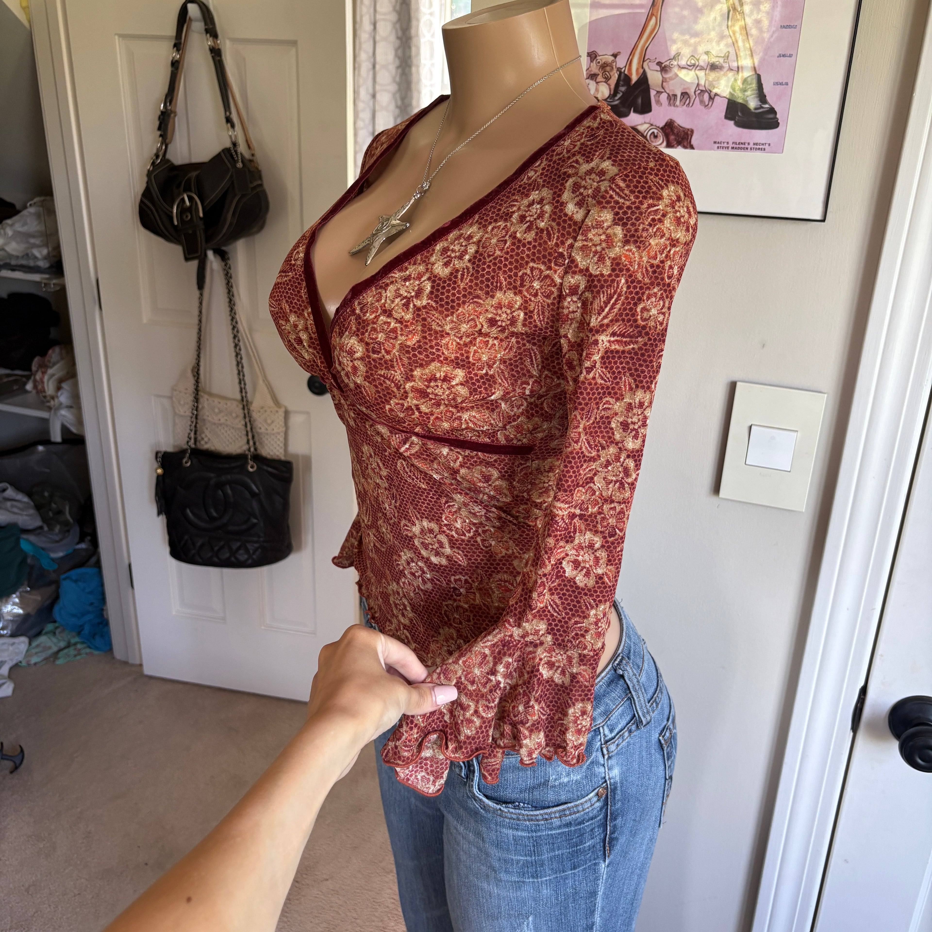 00s red floral v neck bell sleeve top (size S)