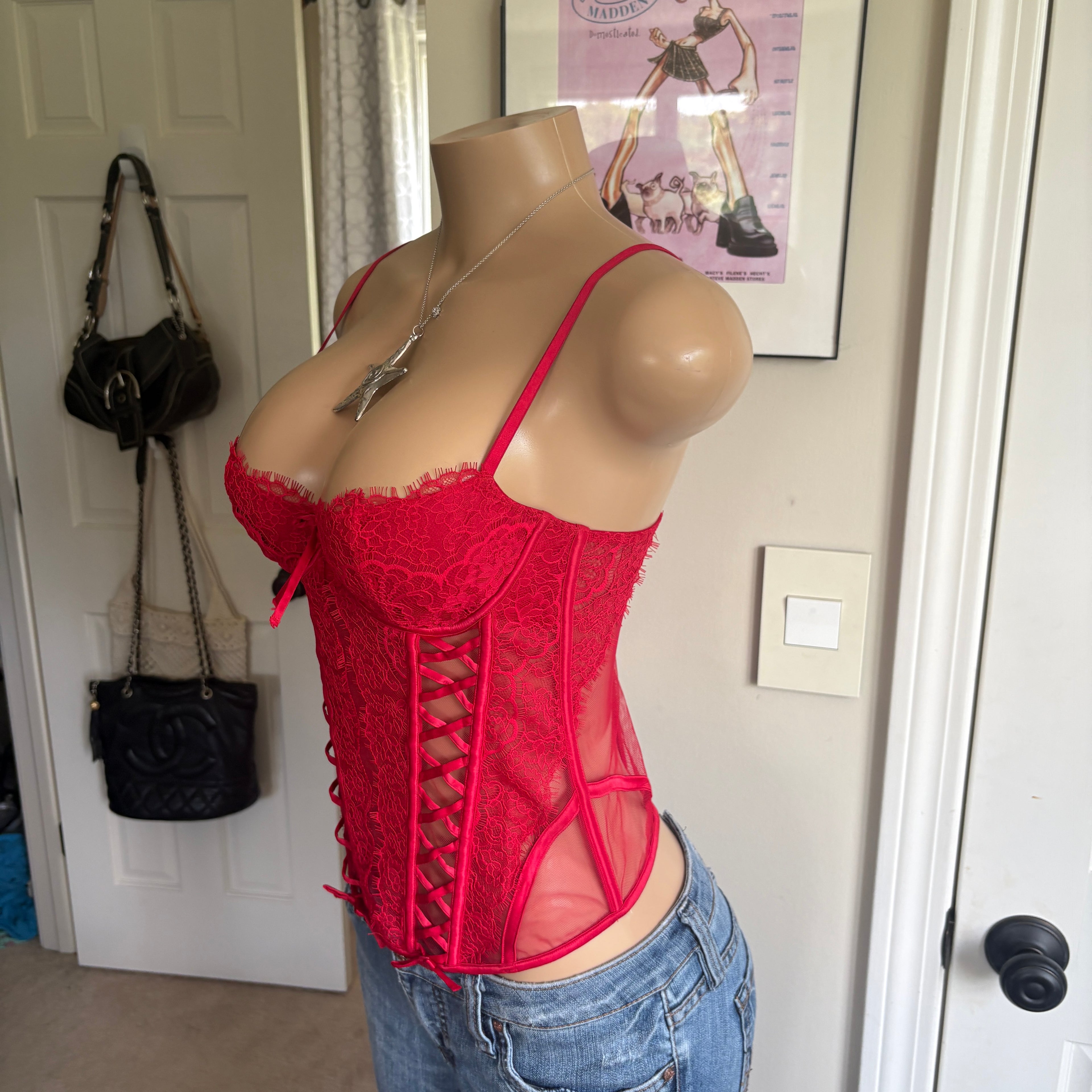 00s red lace up bustier corset top (size S)