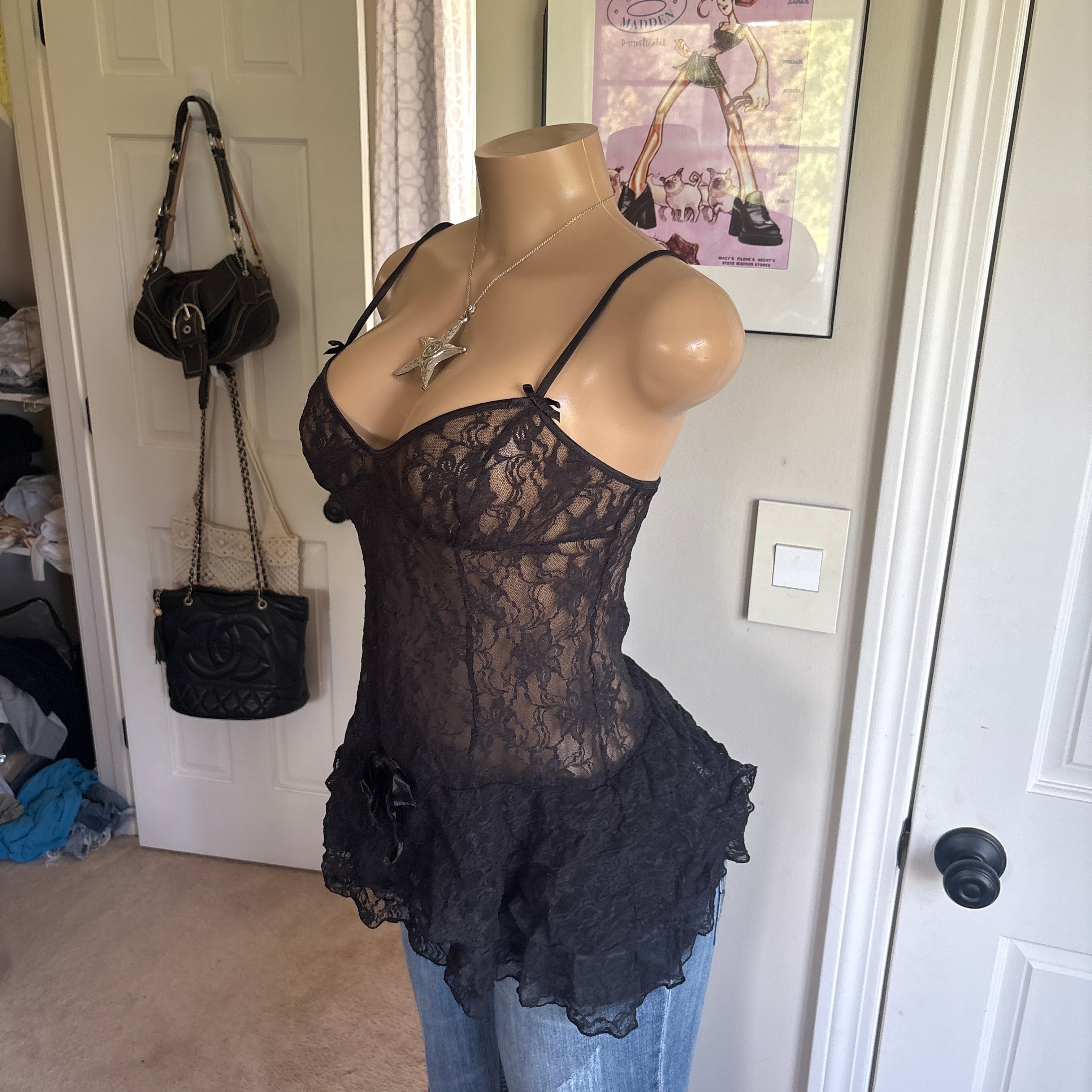 00s Victoria's Secret black lace ruffle top (size S)