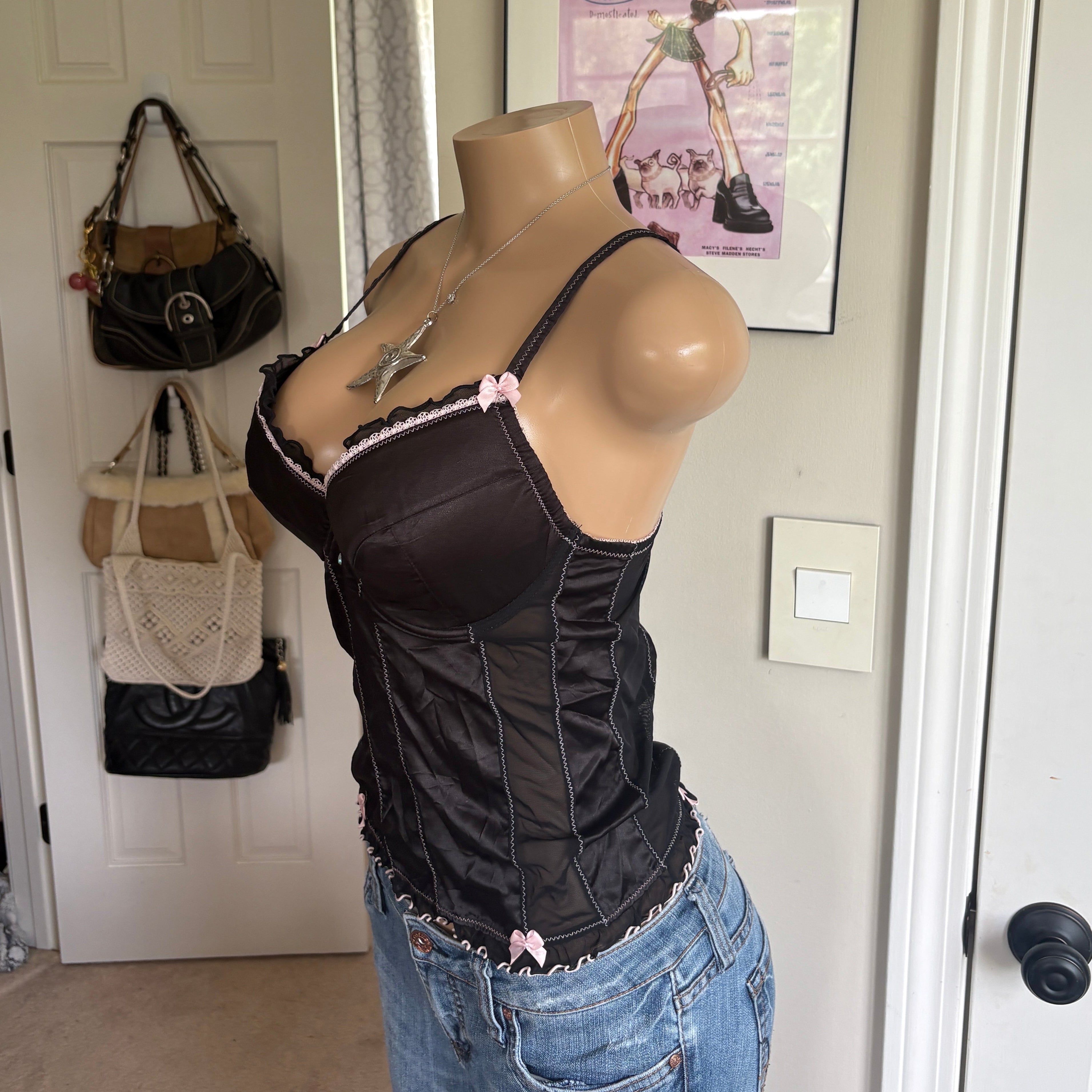 00s black & pink bow bustier corset top (size 36C)