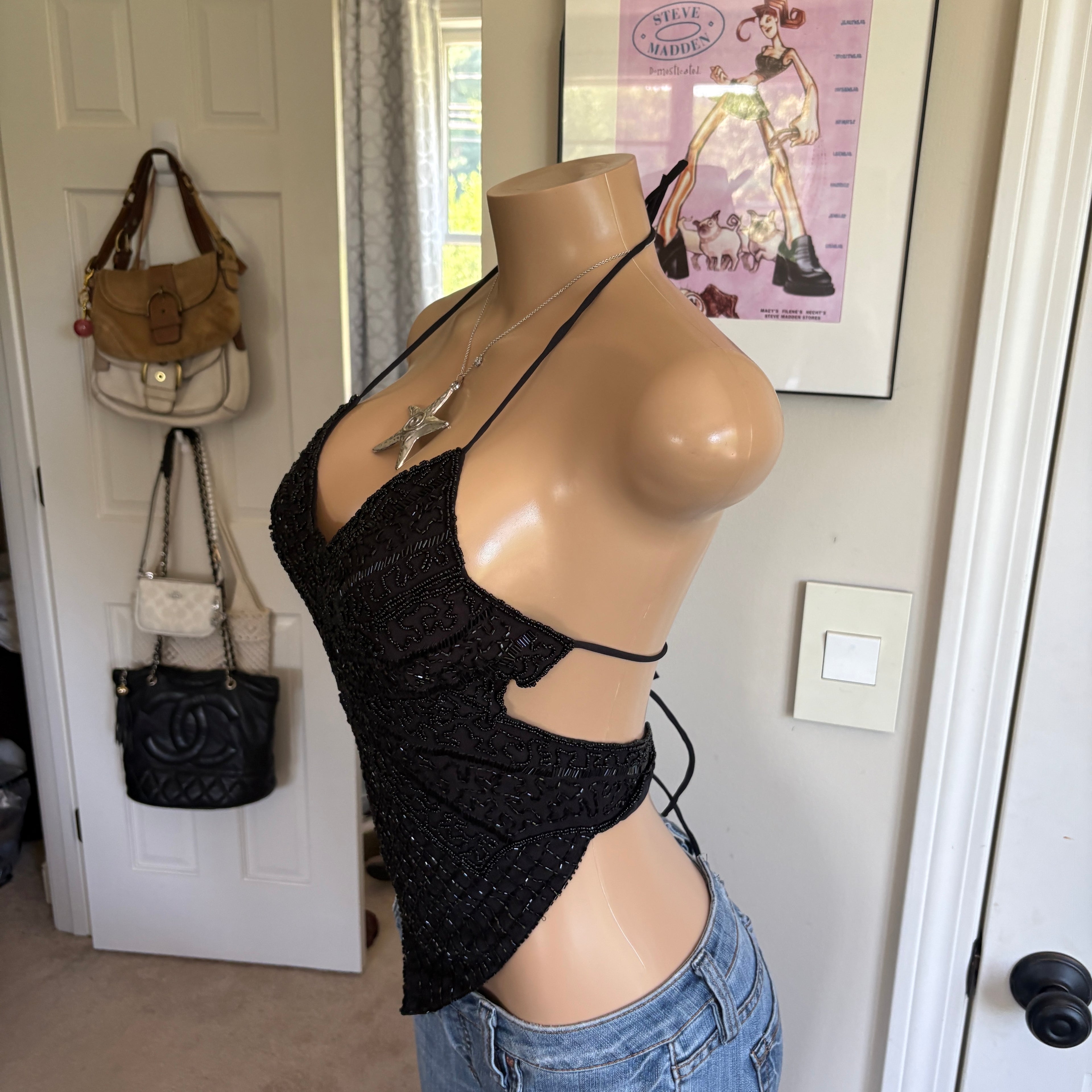 00s black beaded butterfly halter top (size S)