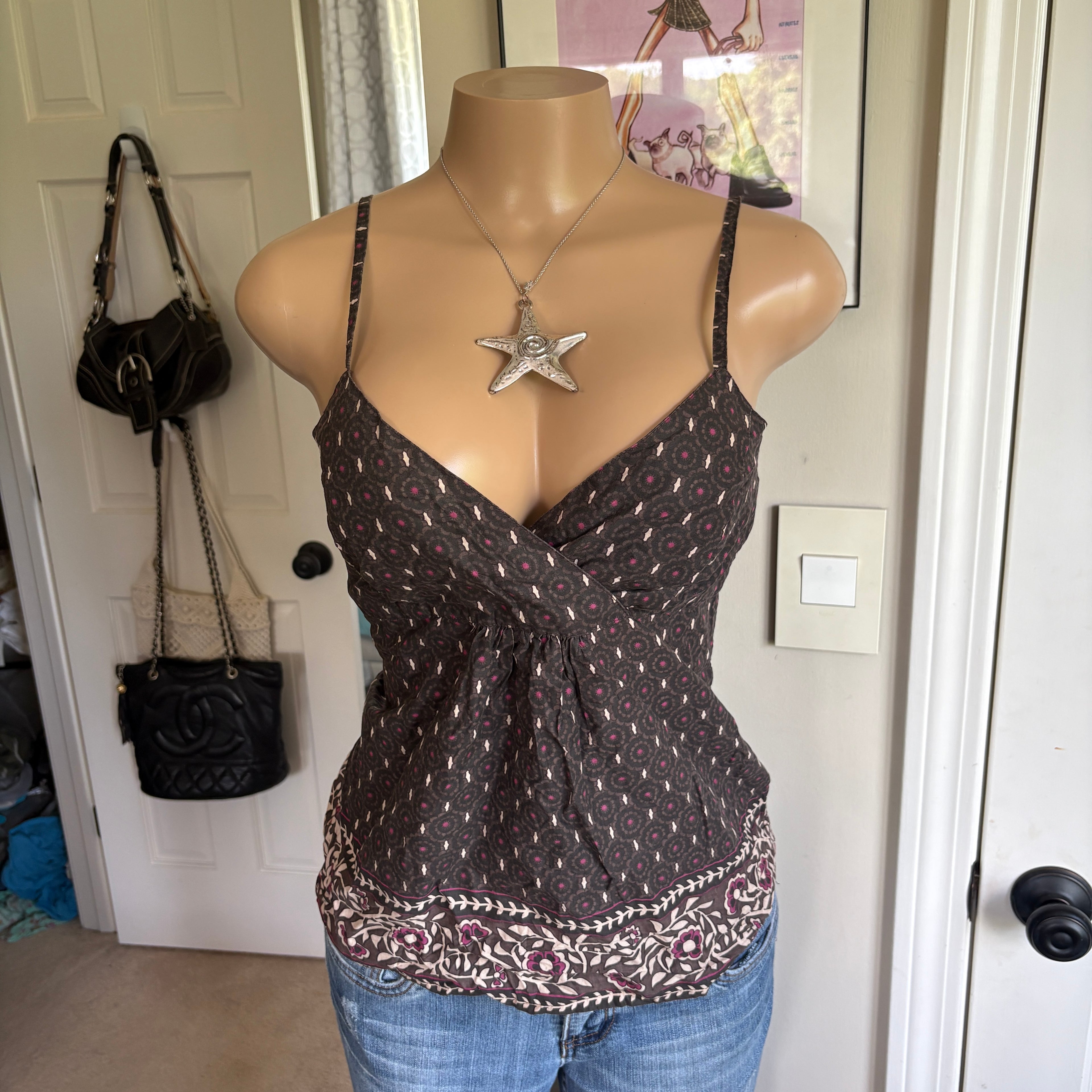 00s brown & pink floral v neck cami (size M)