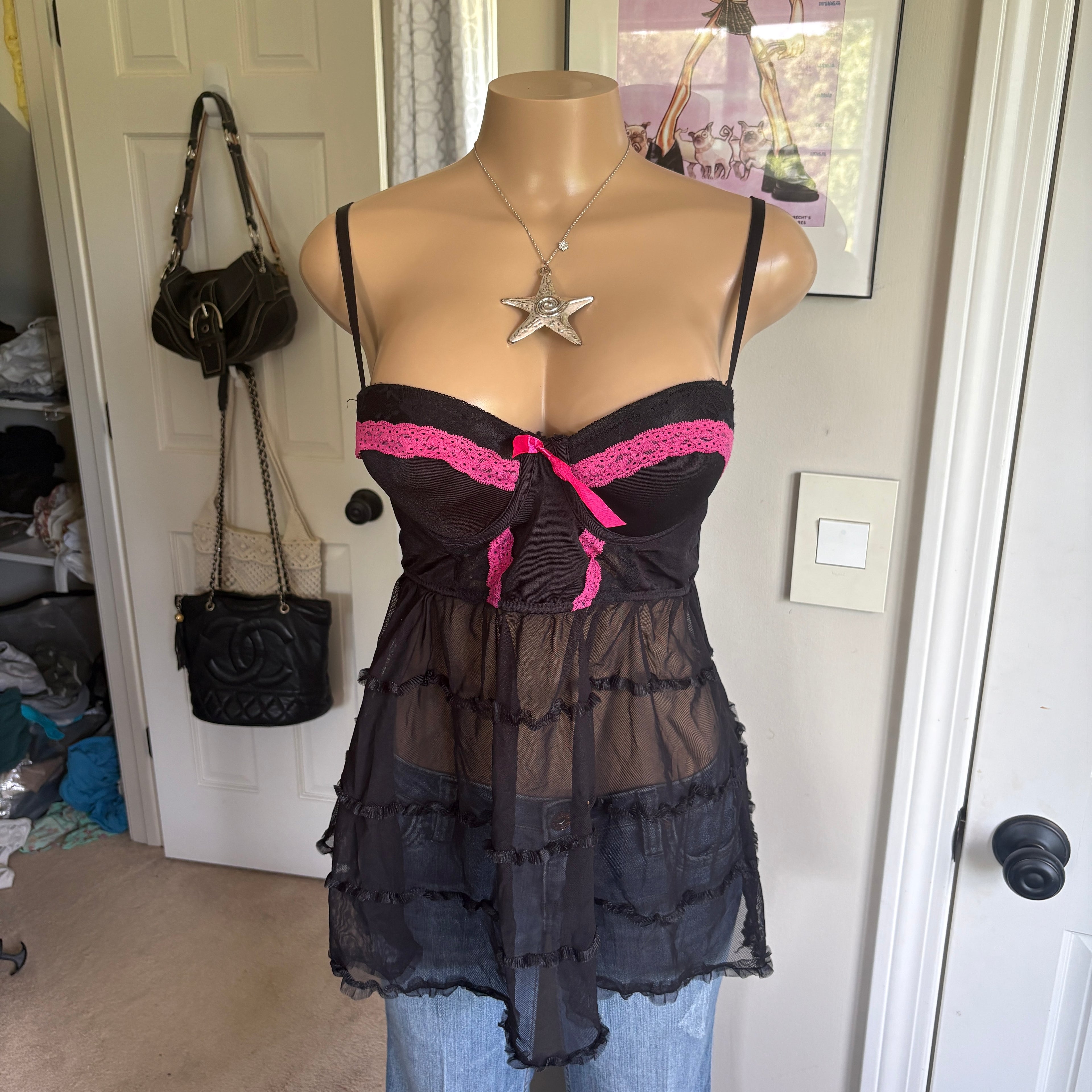 00s black & pink push up bustier lingerie top (size XL)
