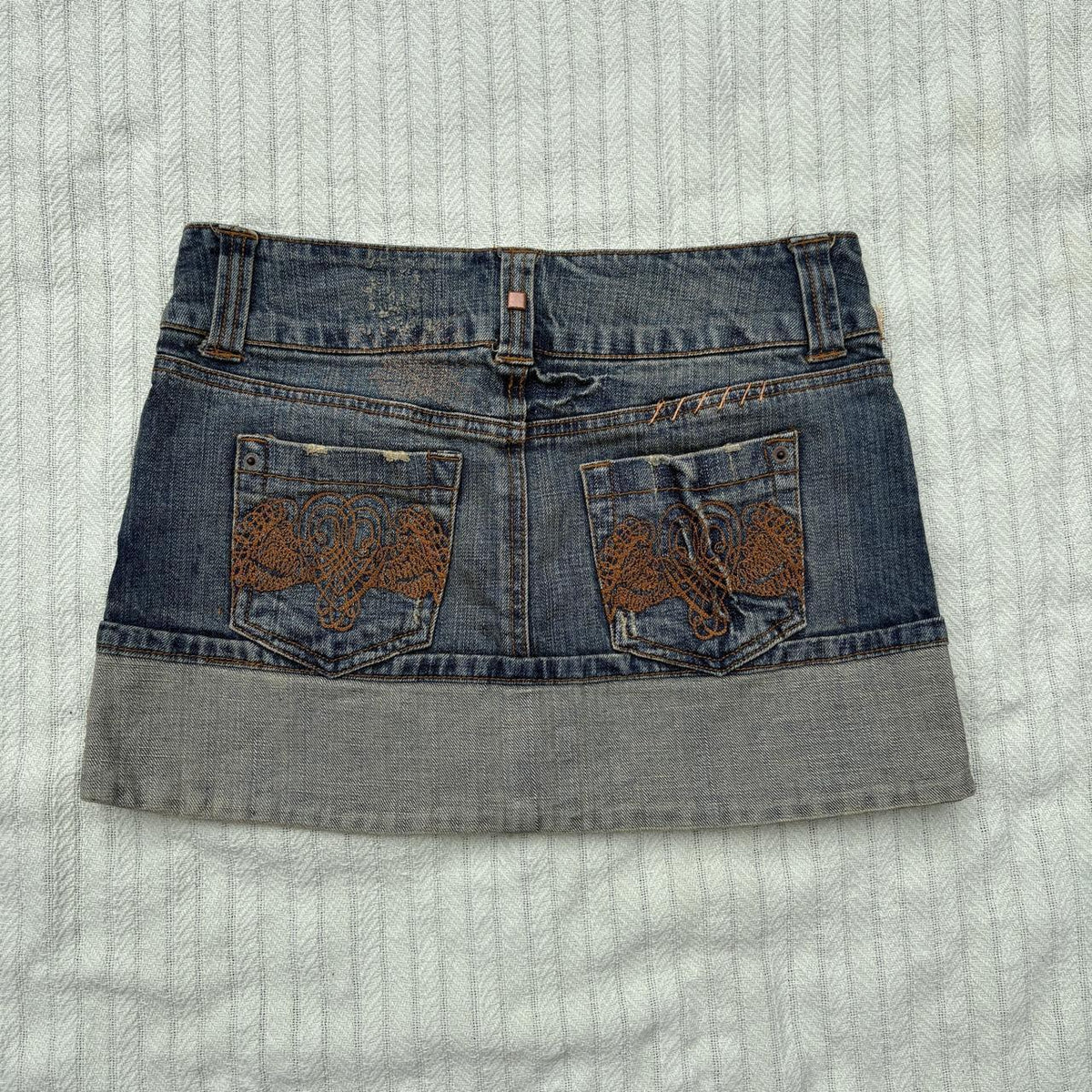 y2k 2000s embroidered pocket cuffed denim micro mini skirt