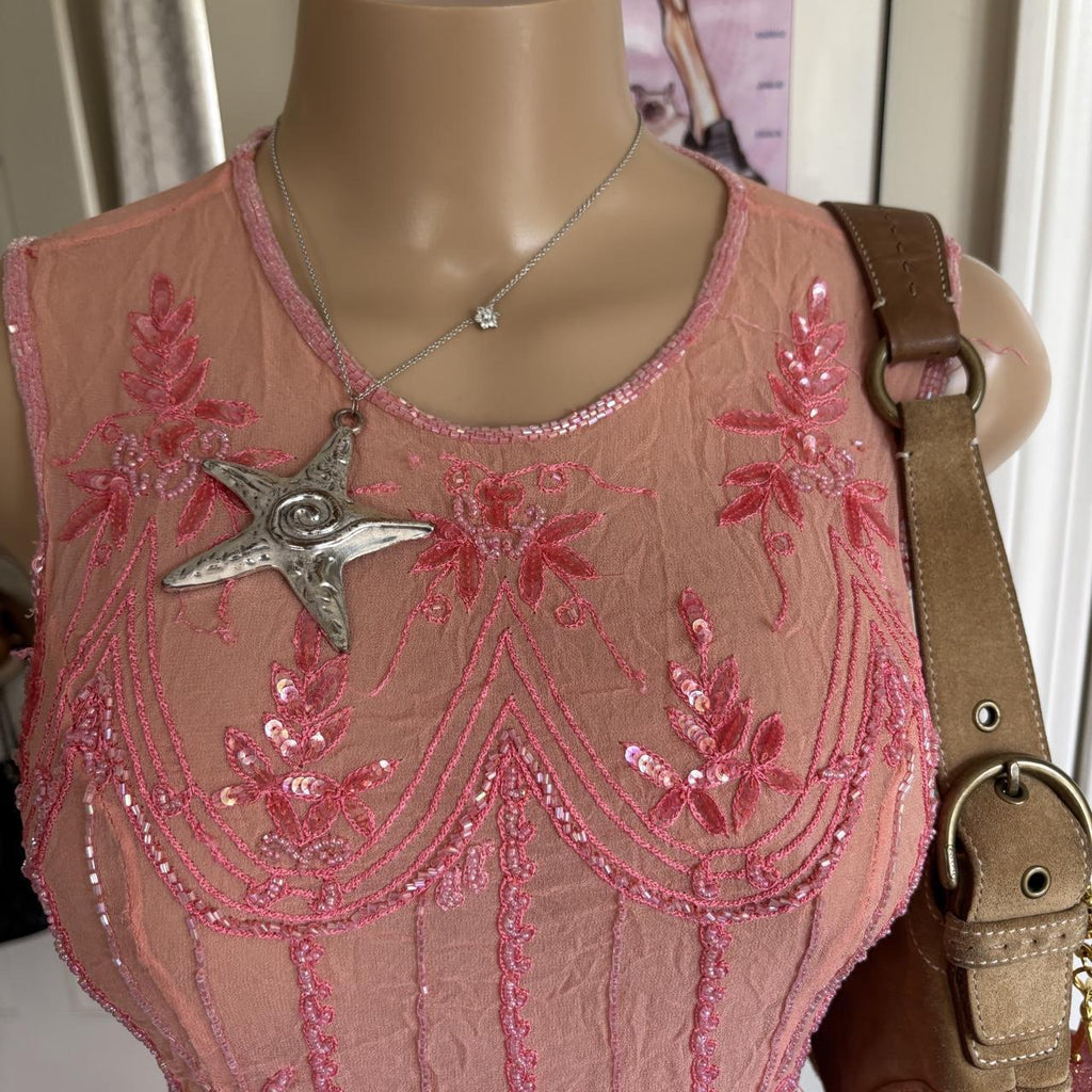 y2k 2000s silk pink beaded sequin mesh tank top
