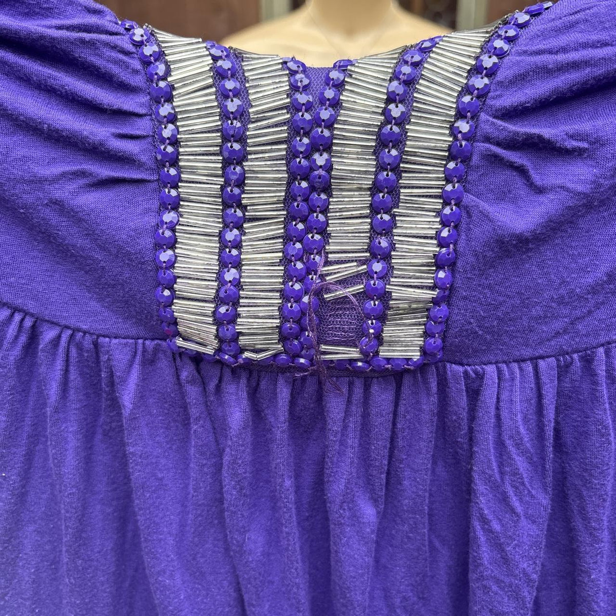y2k 2000s purple beaded deep v babydoll tunic top
