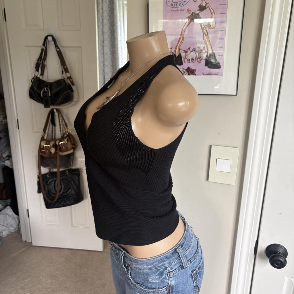 y2k 2000s Cache grunge silk black deep v surplice beaded tank top