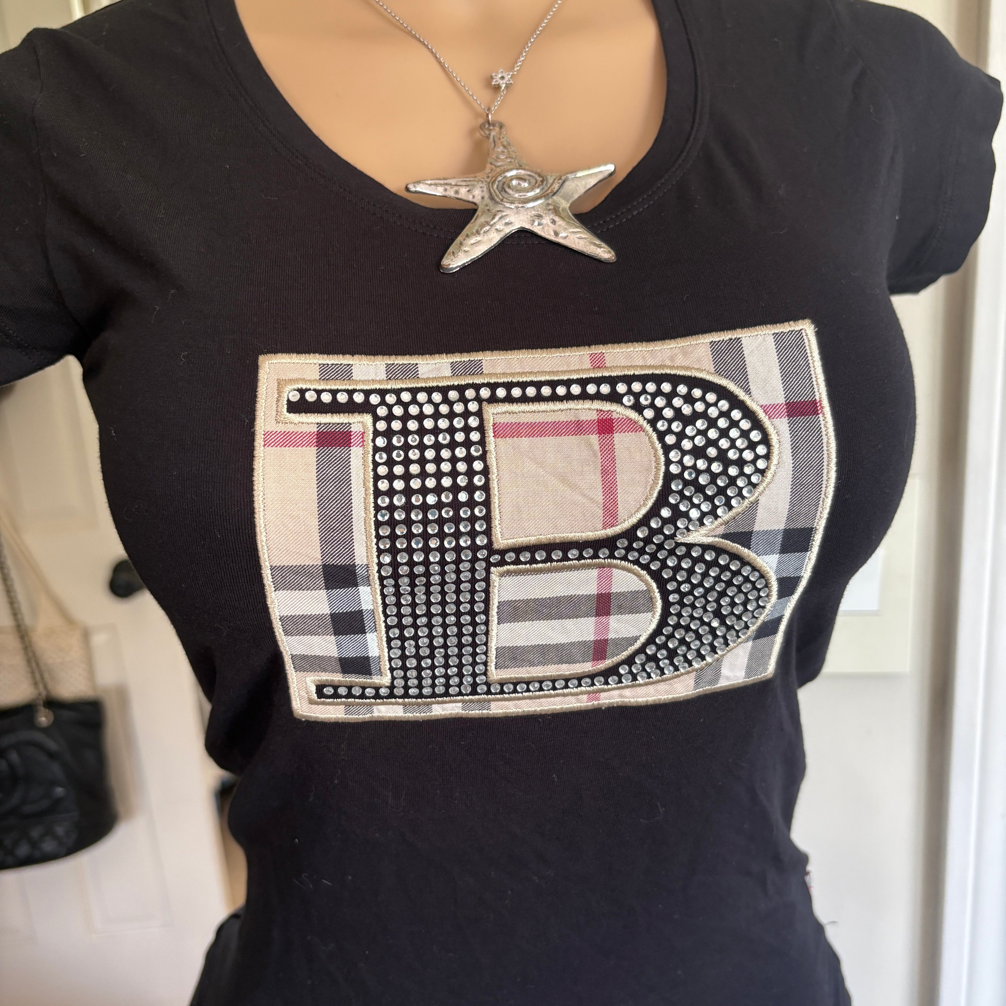 00s Burberry logo black short sleeve top (size S)
