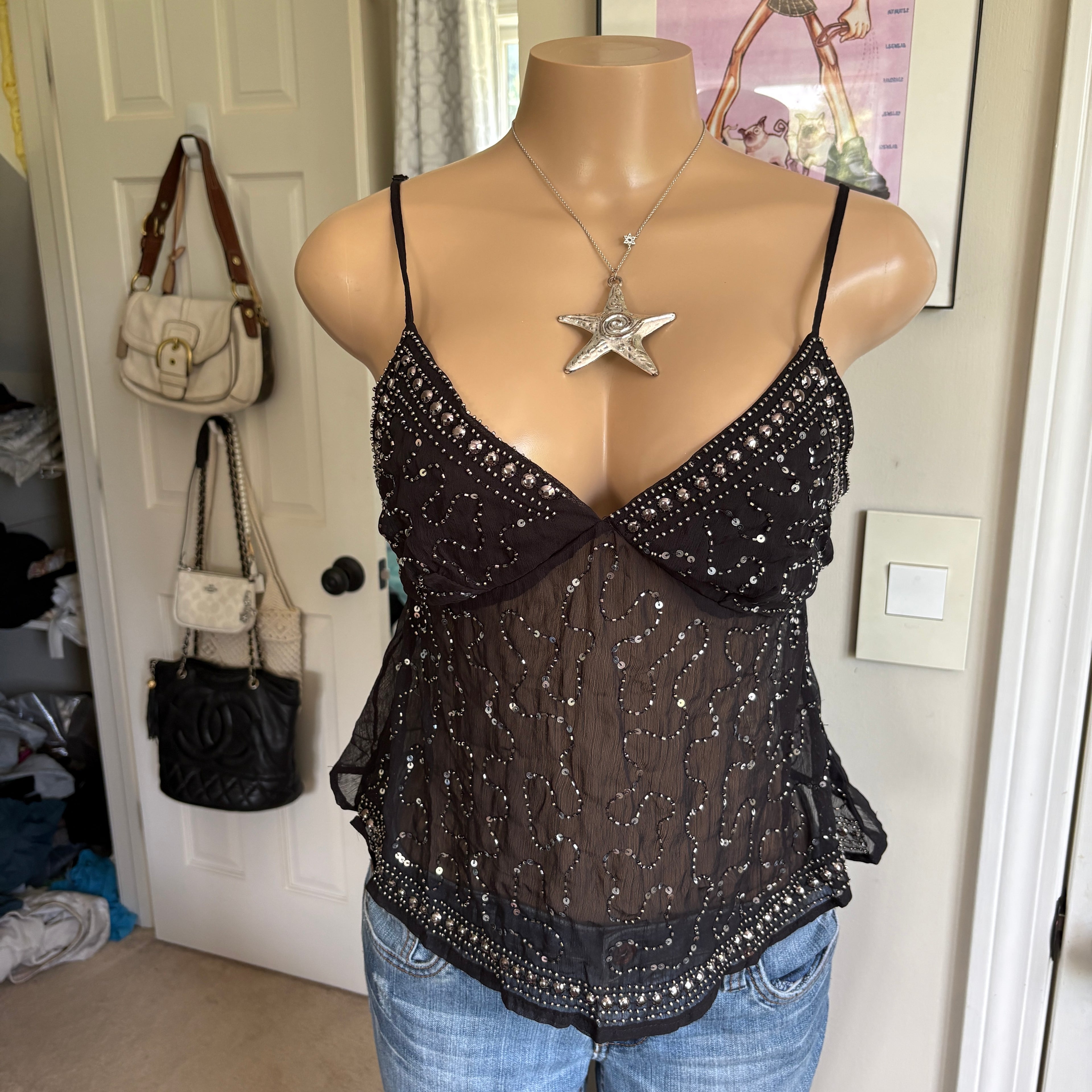 00s black beaded v neck cami (size S)