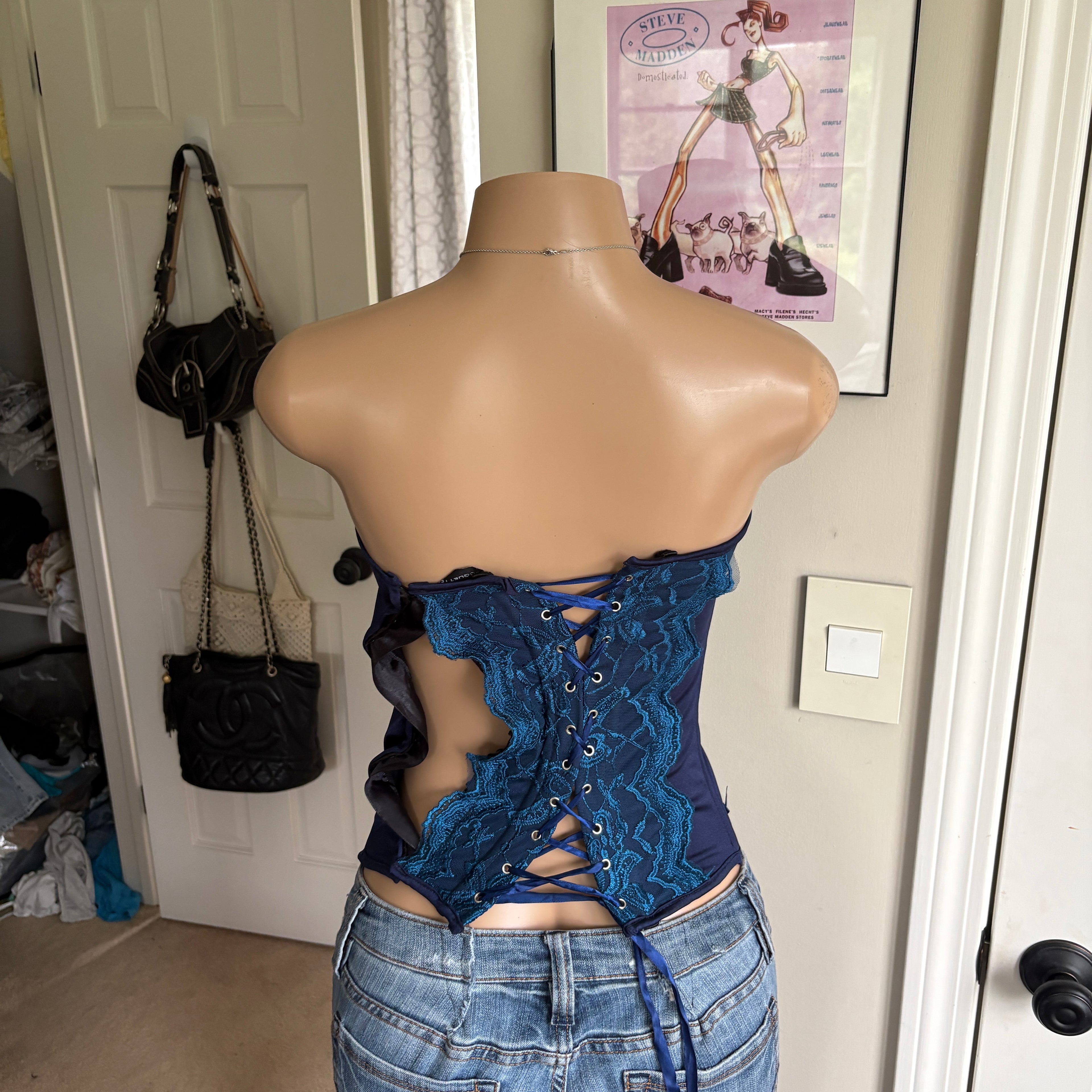 00s Coquette blue lace back bustier corset top (size M)
