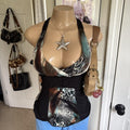 y2k 2000s avant garde animal print plunge halter top