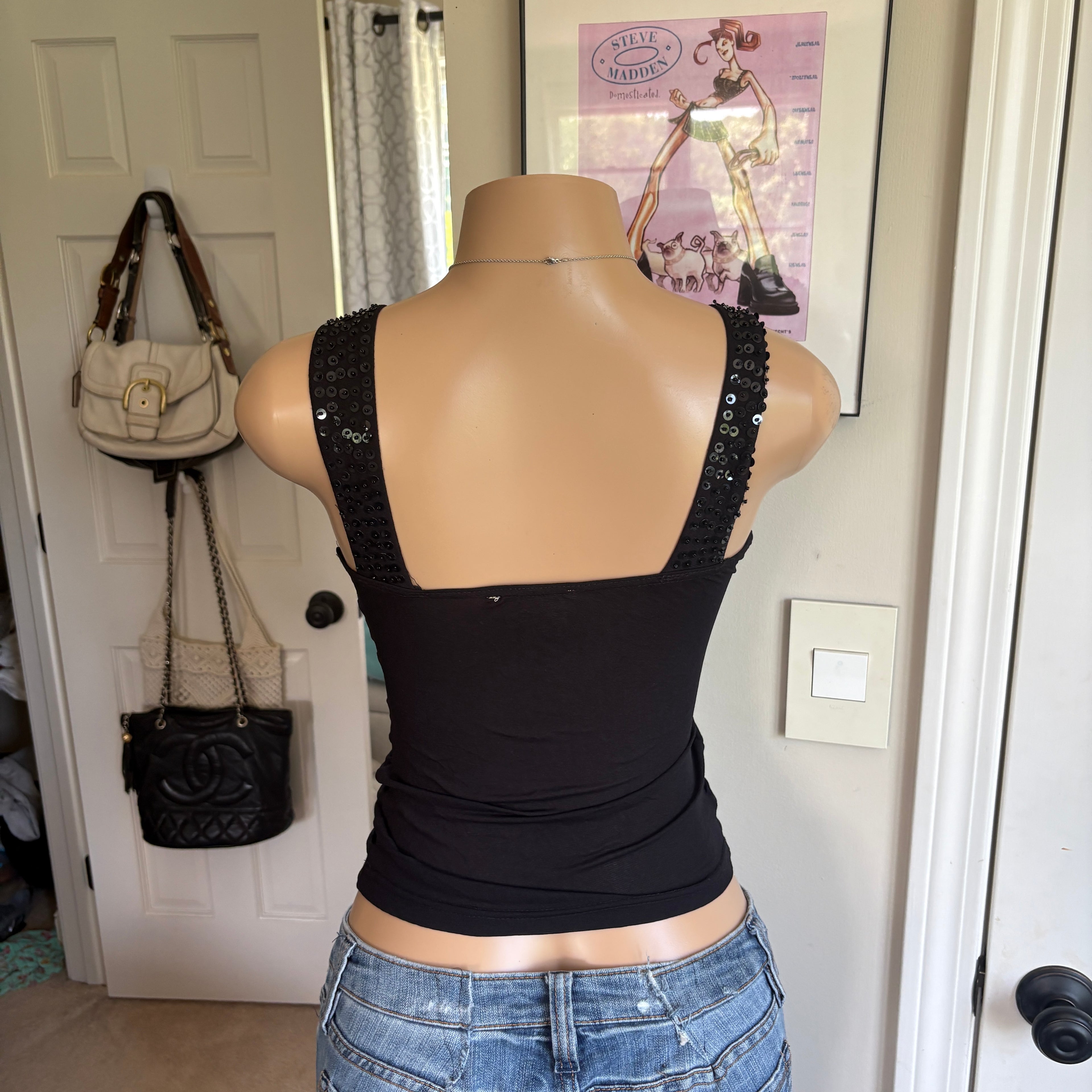 00s black sequin v neck tank top (size S)