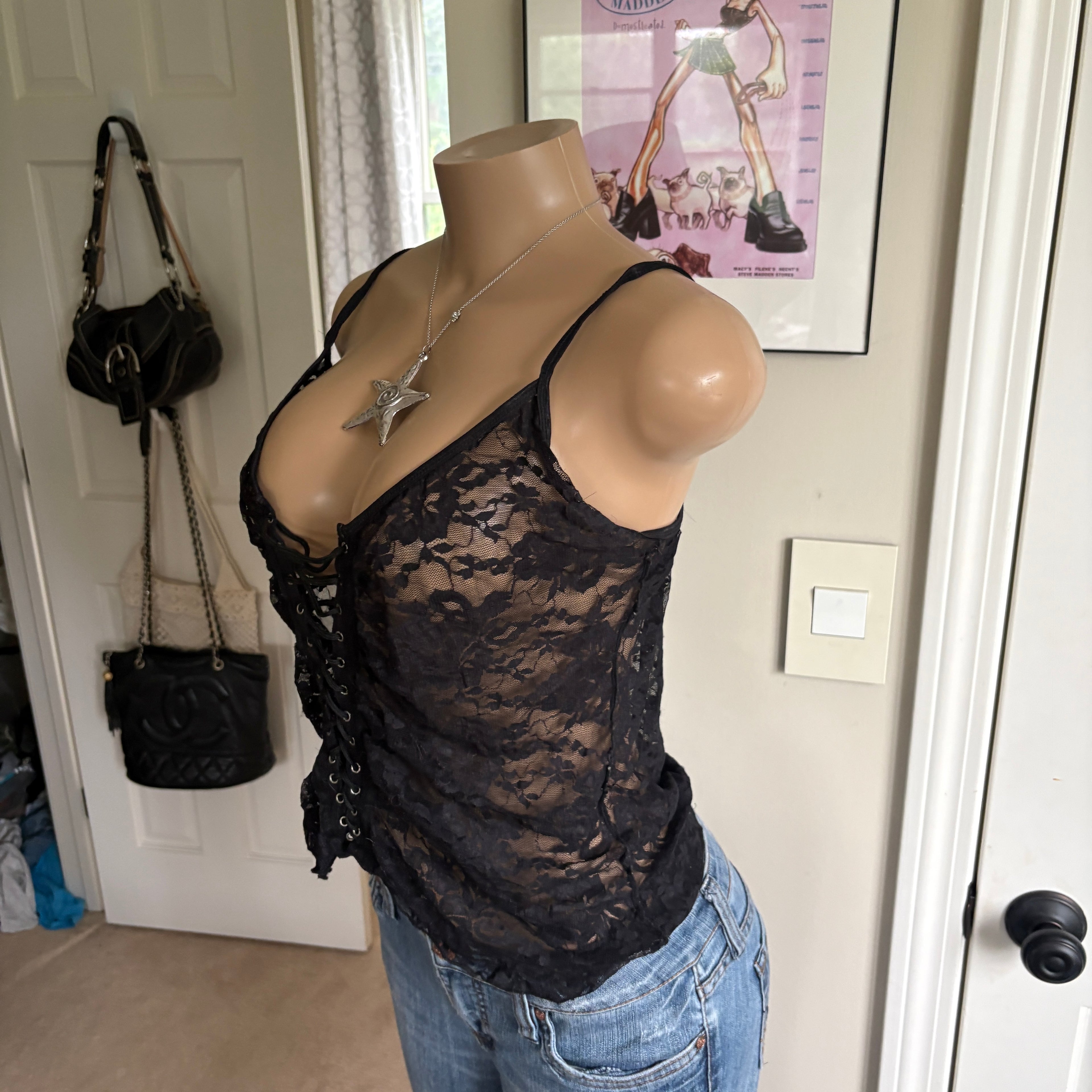 00s black lace up cami (size L)