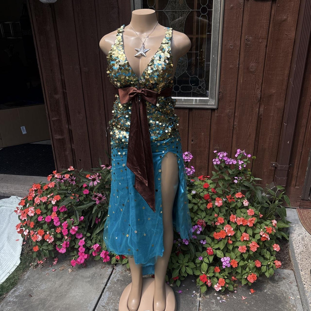 Y2K vintage Night Moves Turquoise Gold Sequin Cutout Maxi Prom Dress