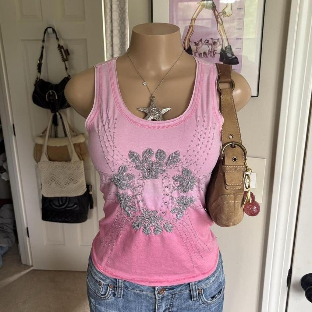 y2k 2000s mcbling pink rhinestone tank top