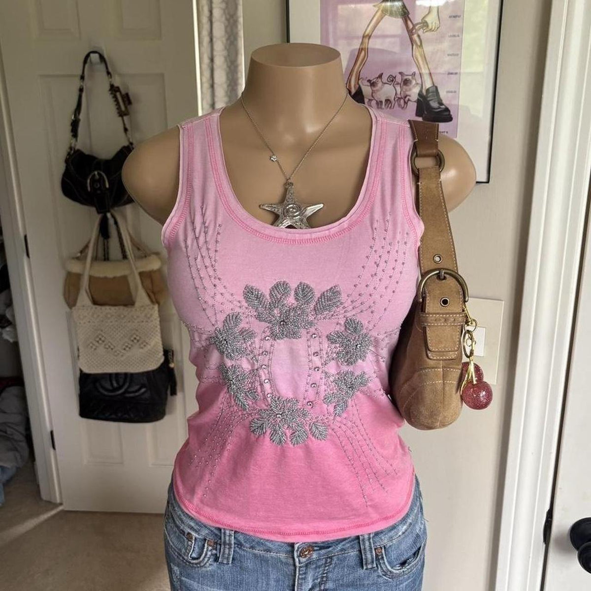 y2k 2000s mcbling pink rhinestone tank top