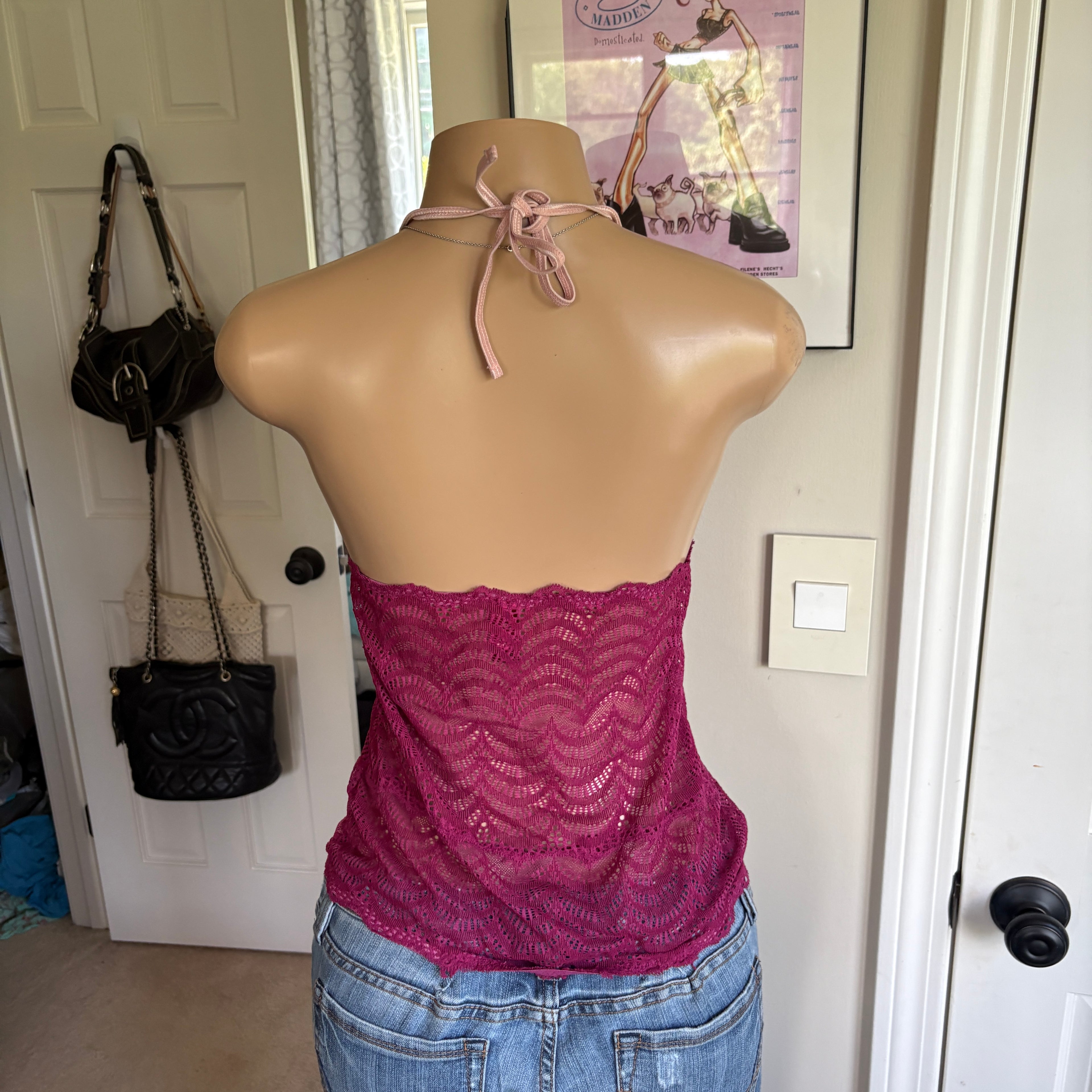 00s magenta mesh bow halter top (size L)