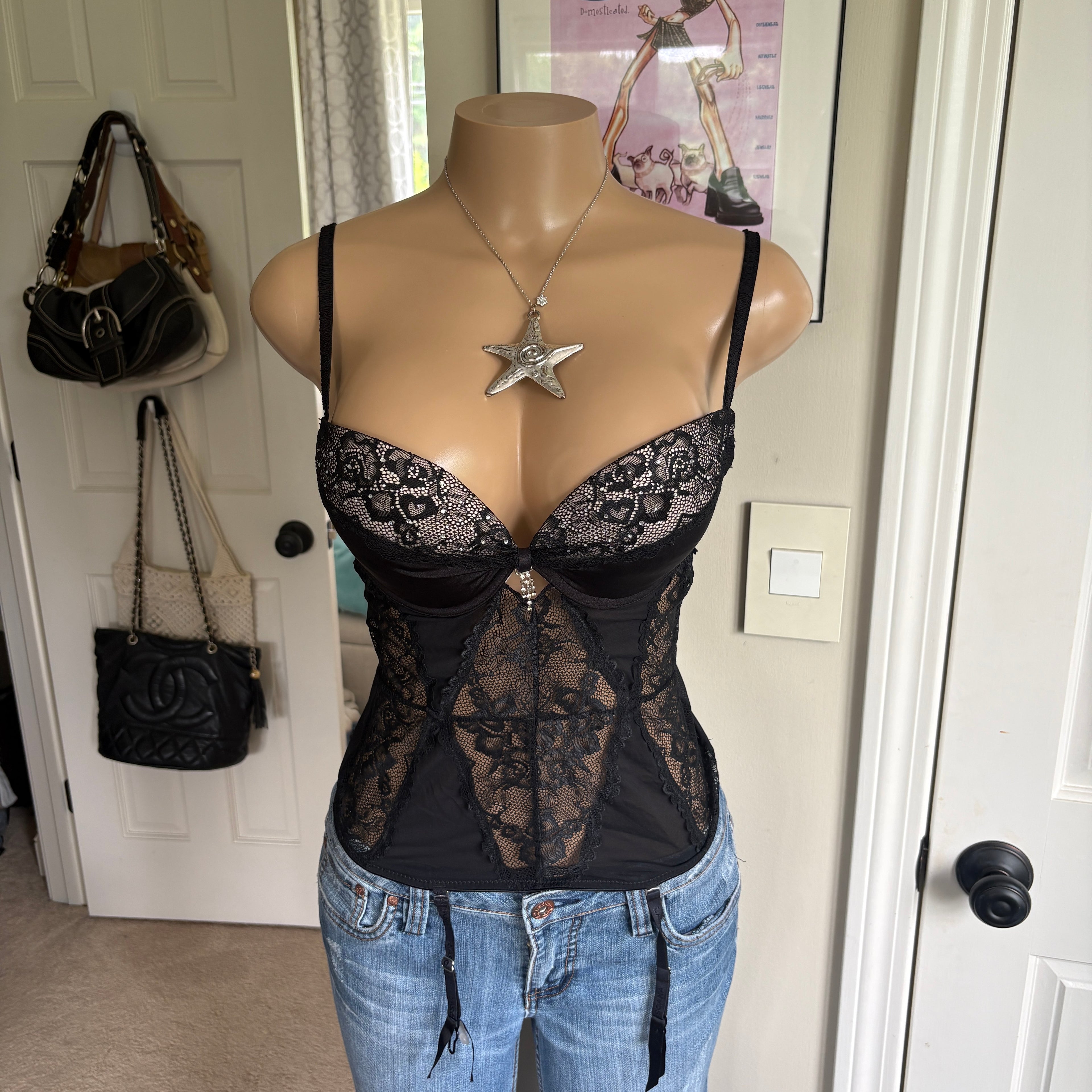00s black floral lace bustier push up corset top (size 36C)