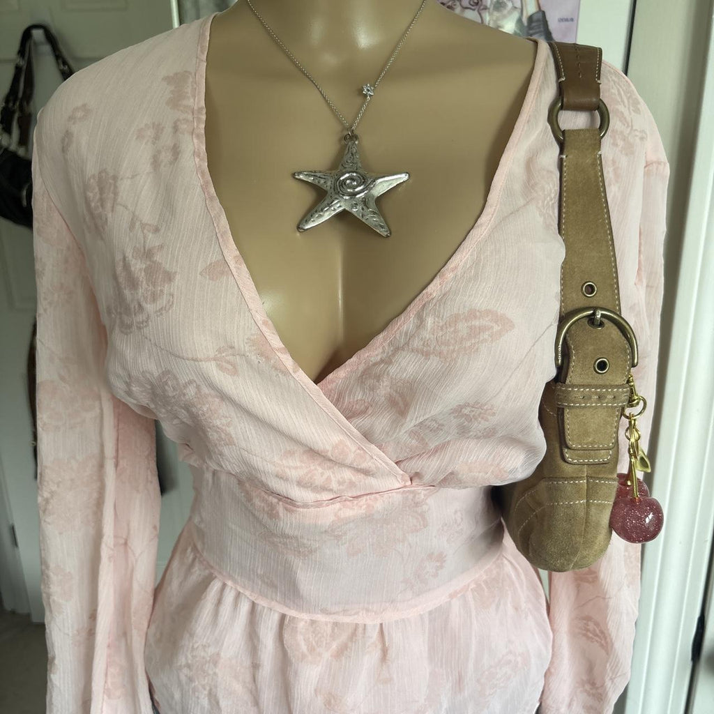 y2k 2000s pink floral sheer tie back long sleeve top