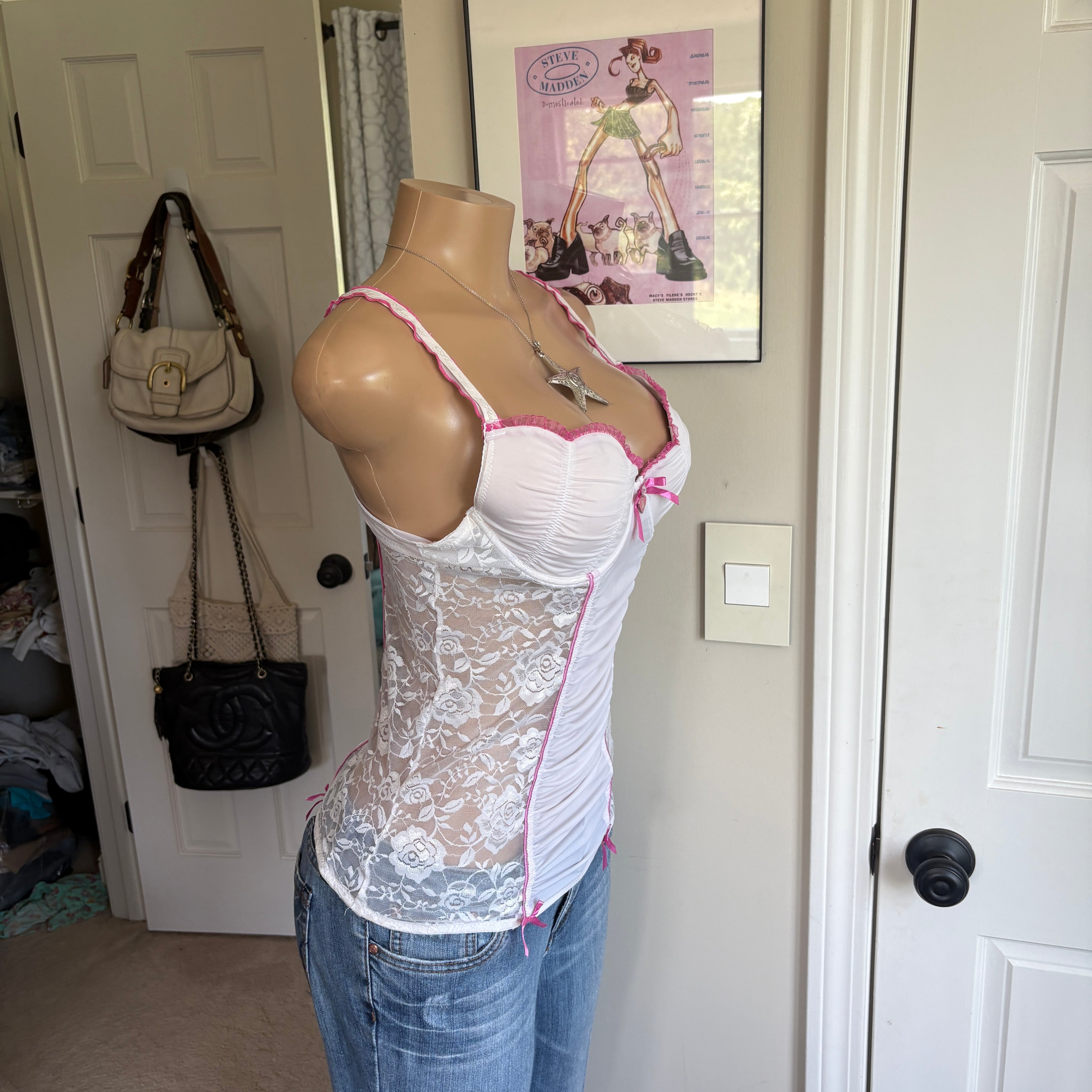 00s Playboy white and pink lace bustier top (size M)