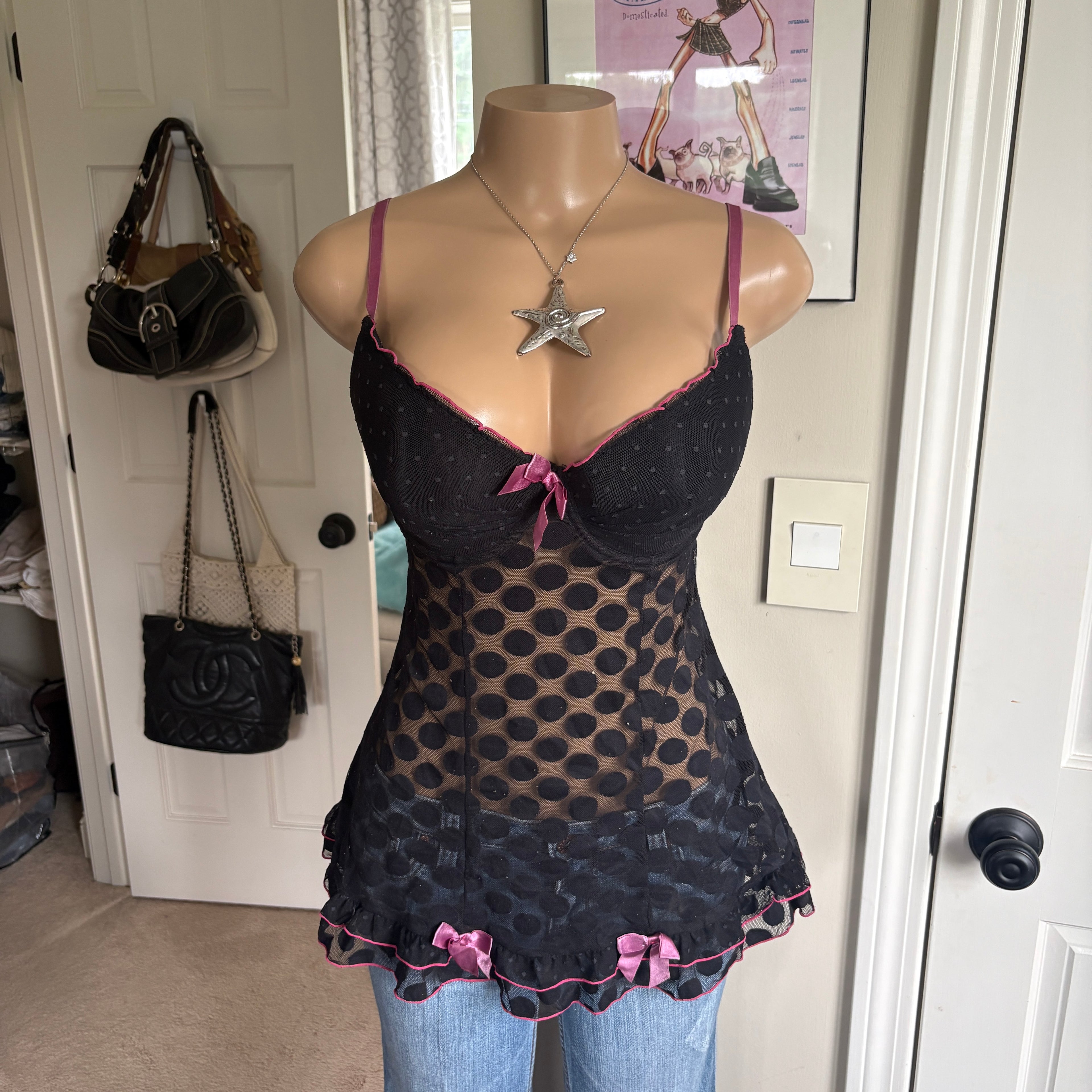 00s black & pink polka dot top (size L)