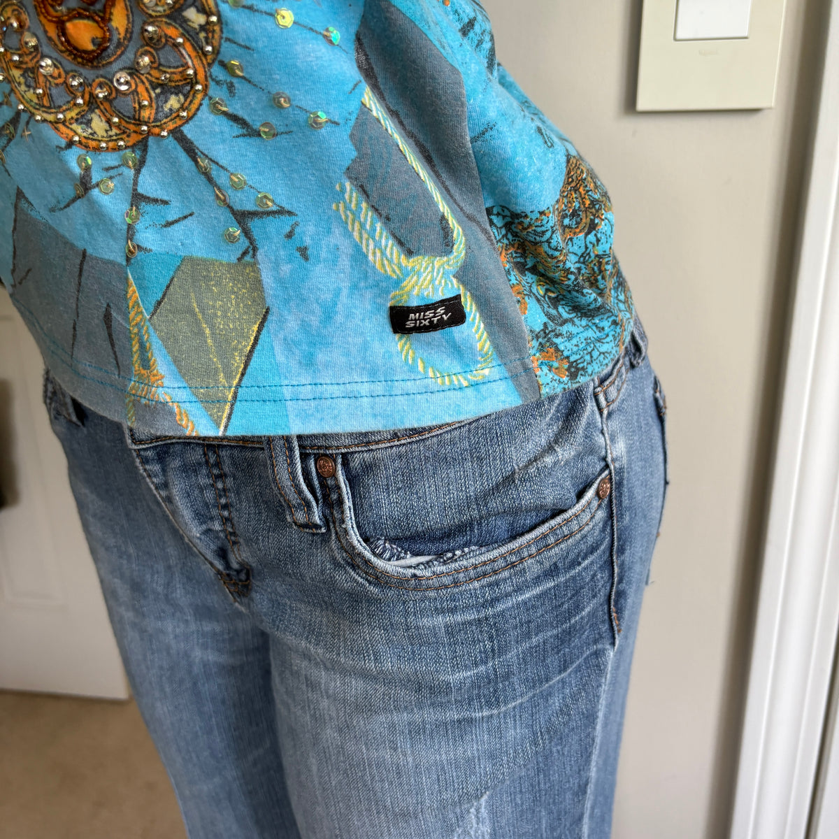 00s Miss Sixty blue aztec short sleeve top (size L)