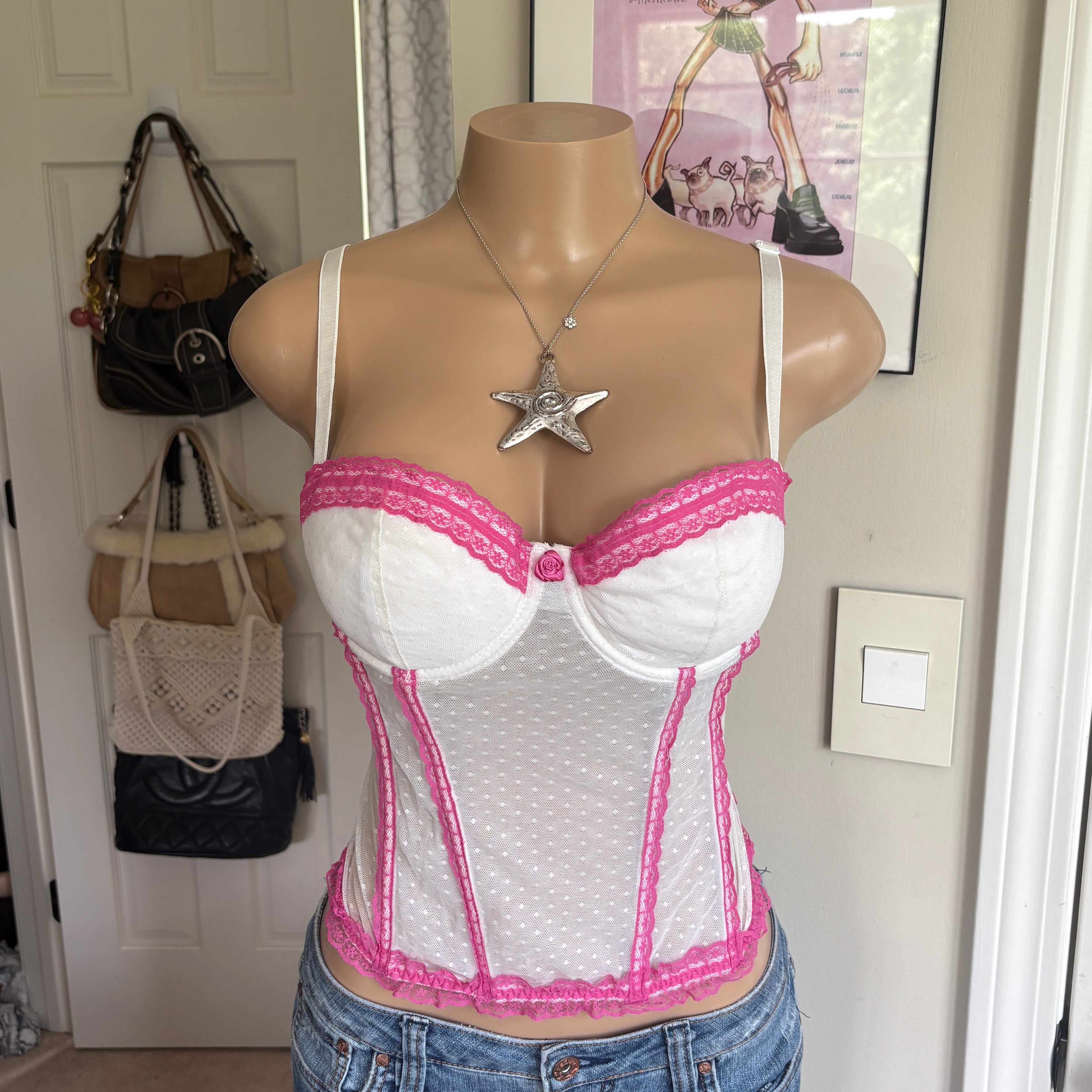 00s white & pink rosette corset top (size M/L)