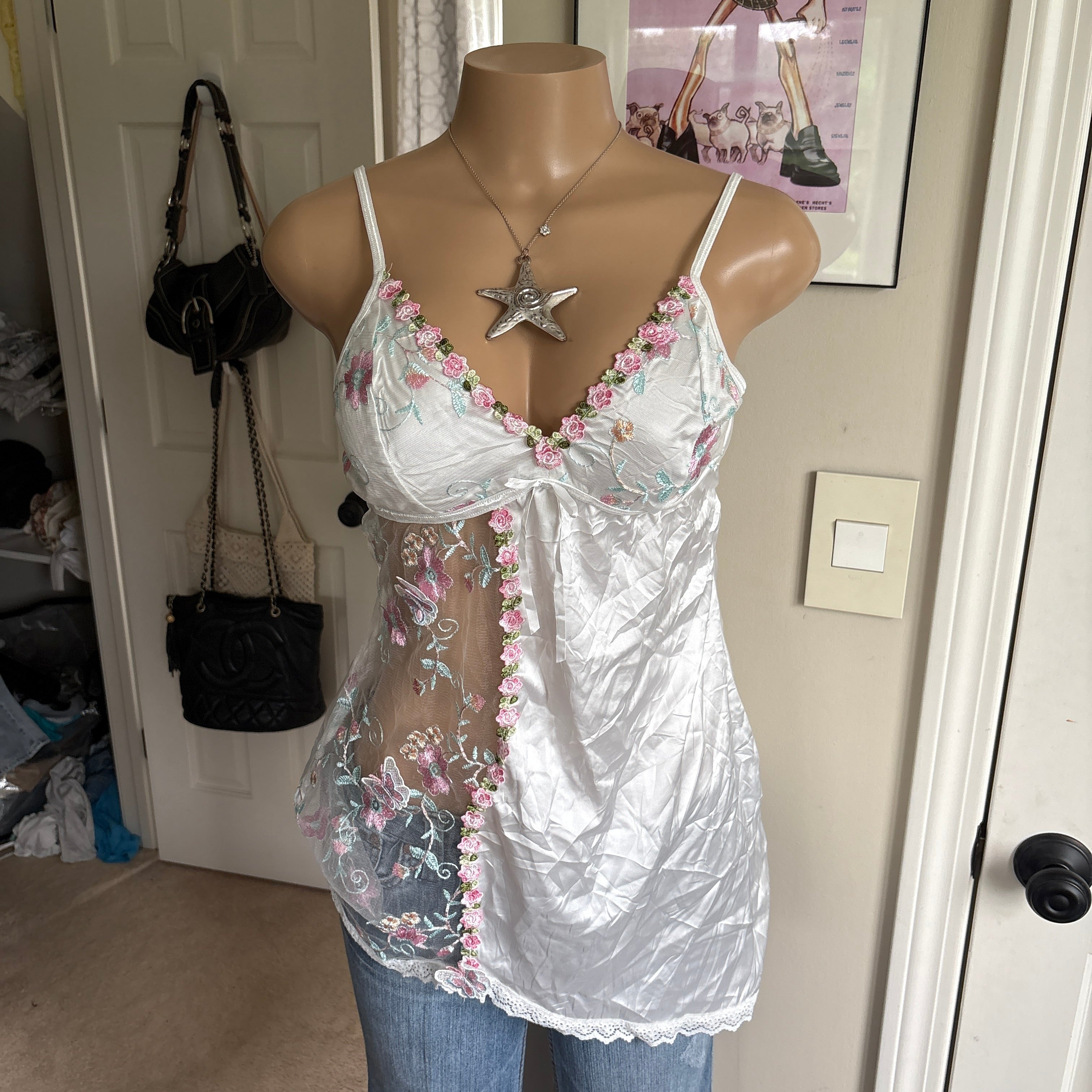 00s white floral sheer cutout slip cami (size L)