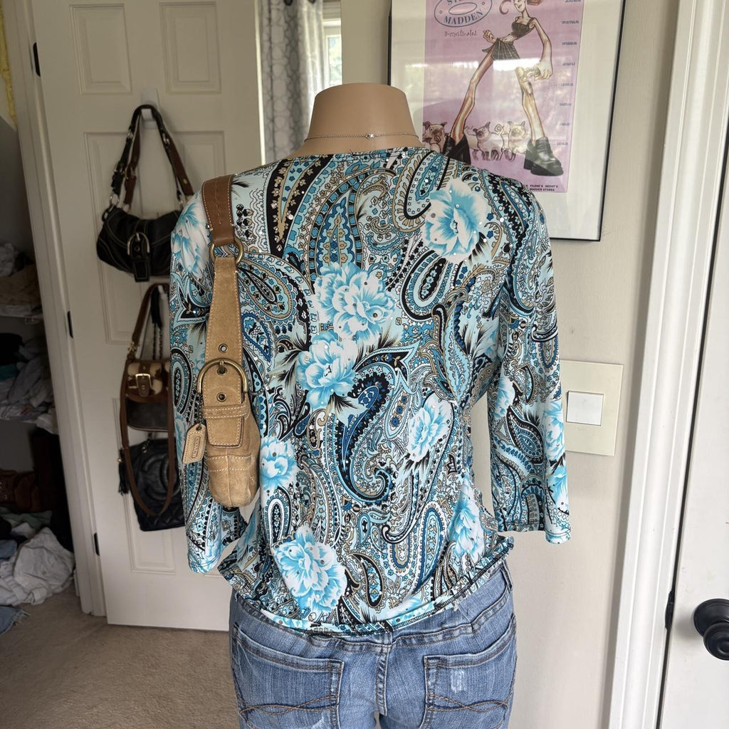 Y2K 2000s avant garde fairy Blue Paisley Buckle Top