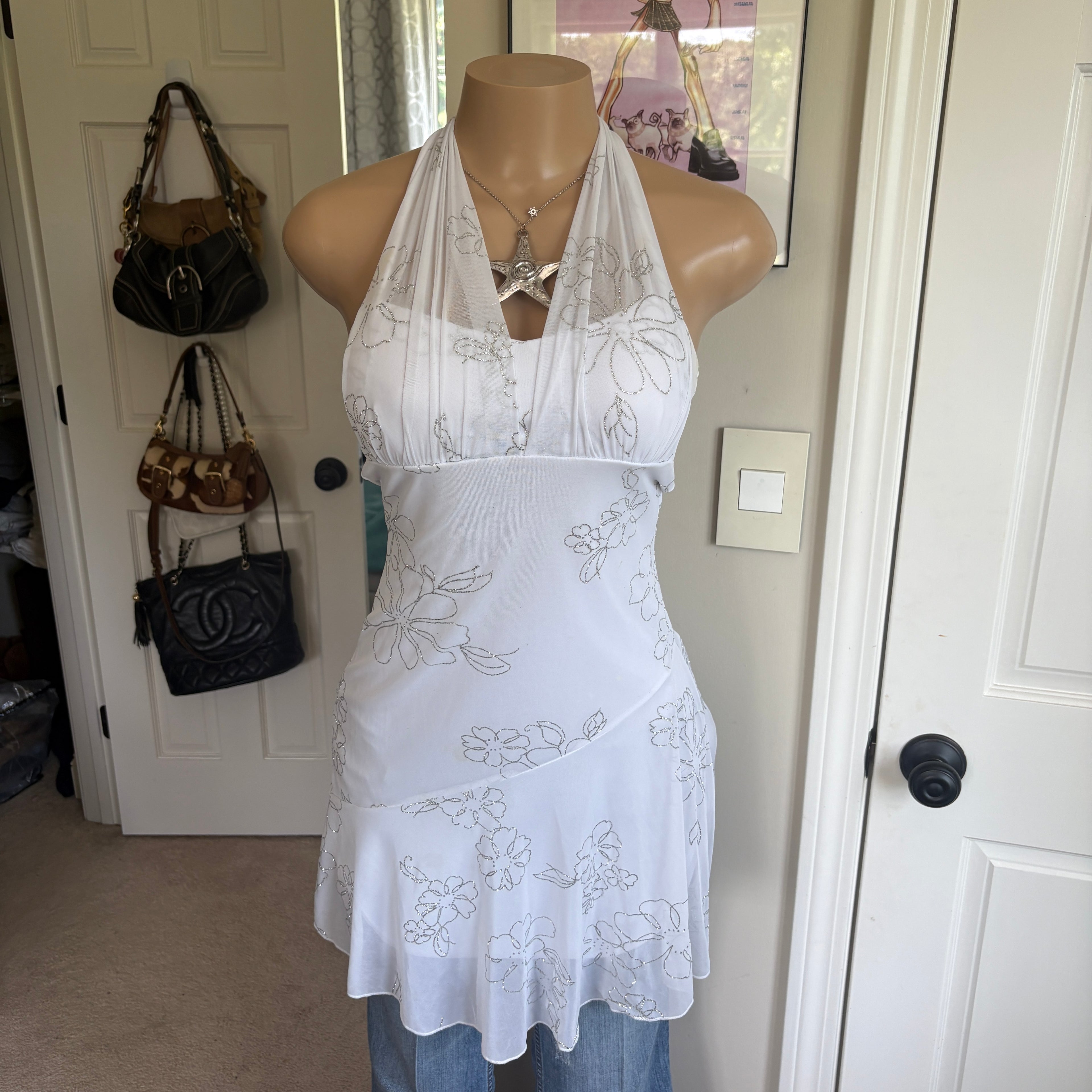00s white floral halter dress (size S)