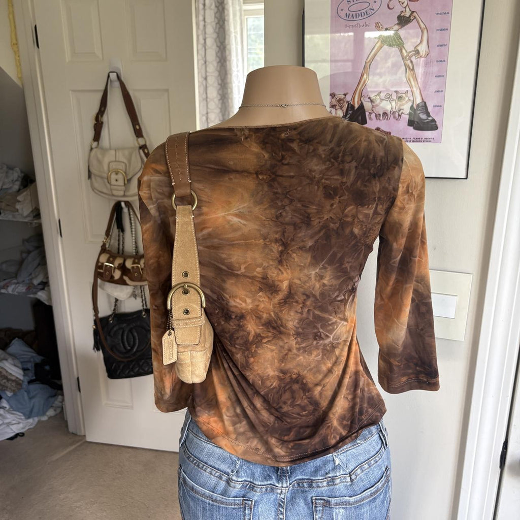 Y2K 2000s Brown Tie Dye Asymmetrical Embroidered Top