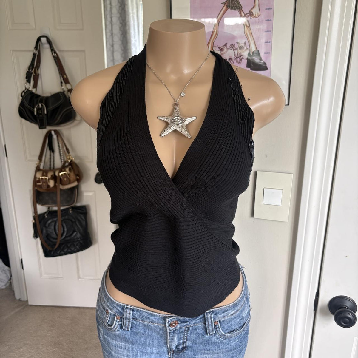 y2k 2000s Cache grunge silk black deep v surplice beaded tank top