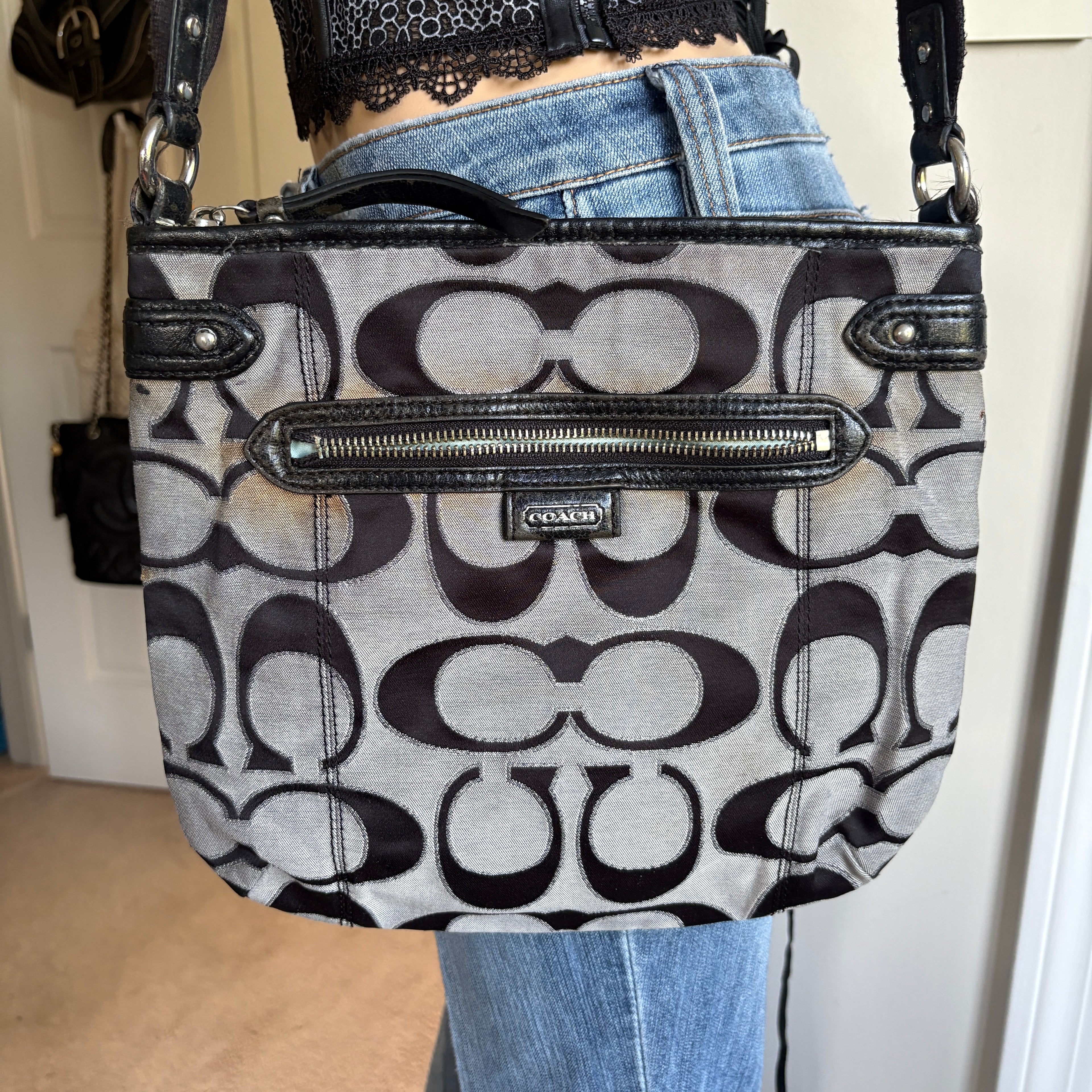 00s Coach black & gray signature monogram crossbody bag