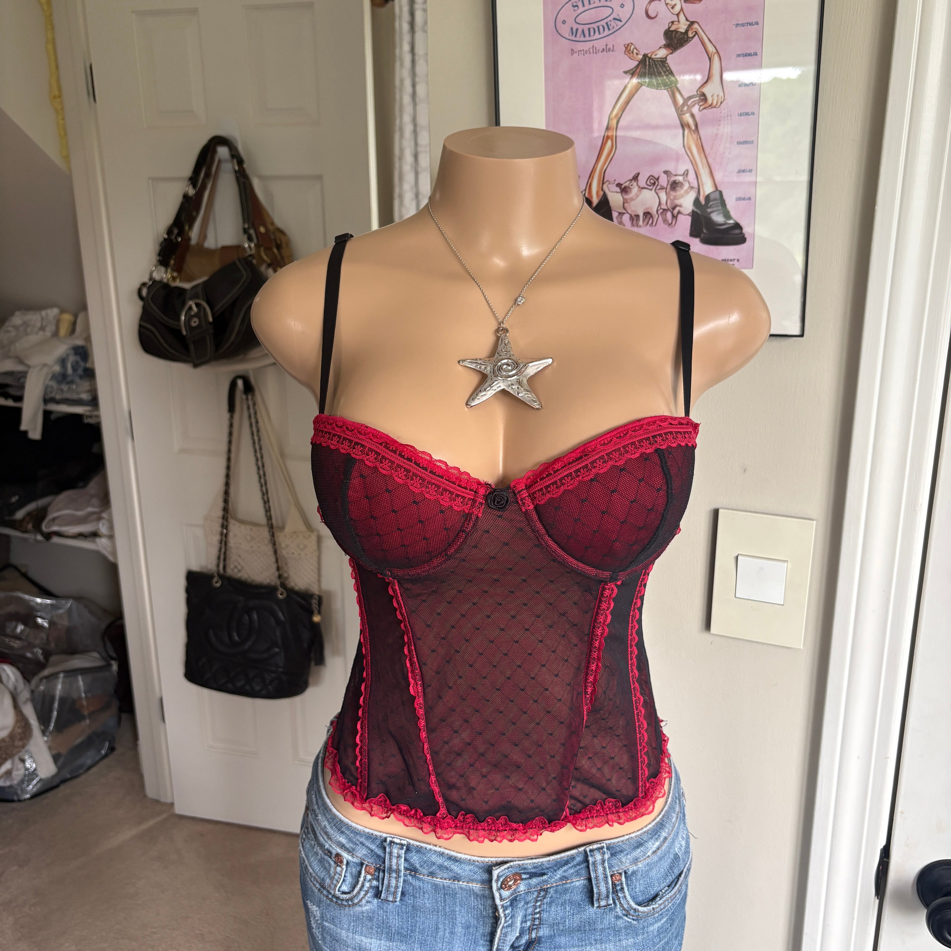 00s red & black mesh corset top (size L)