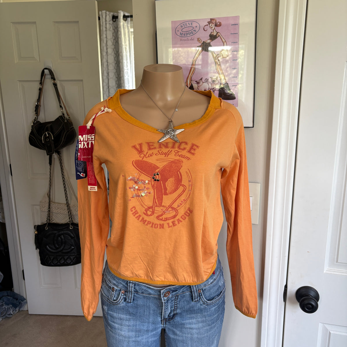 00s Miss Sixty orange graphic long sleeve top (size M)