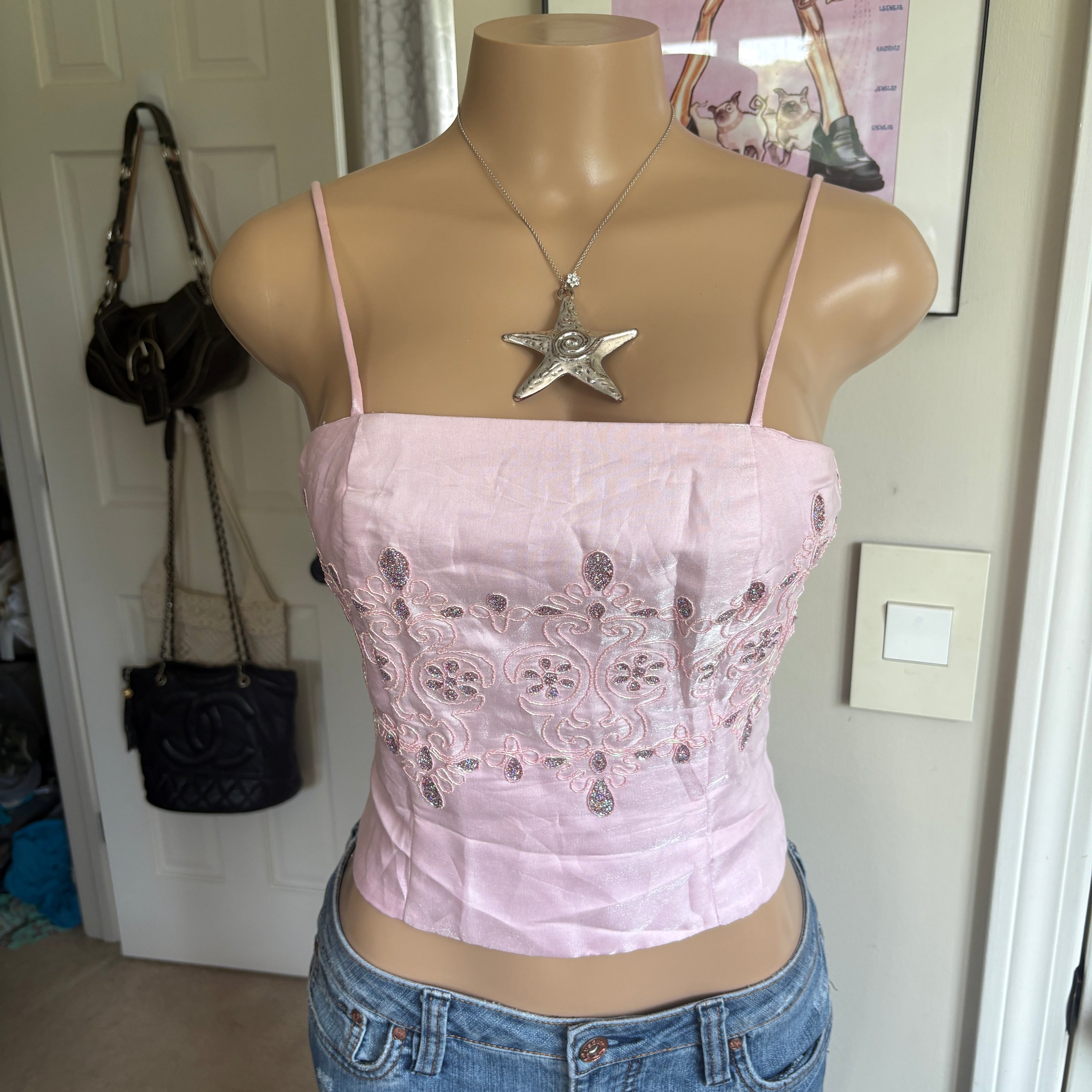 00s pink floral beaded corset cami top (size S)