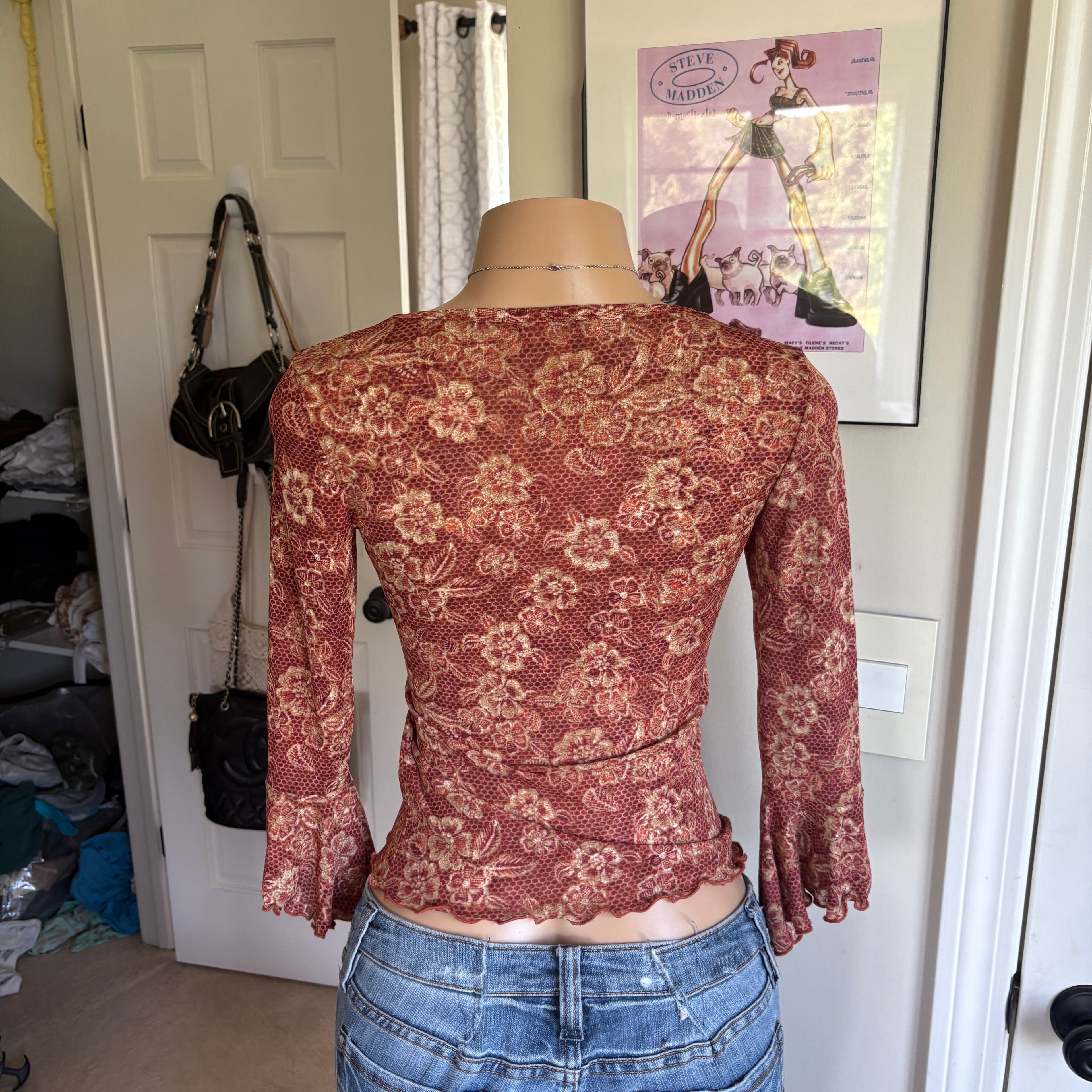 00s red floral v neck bell sleeve top (size S)