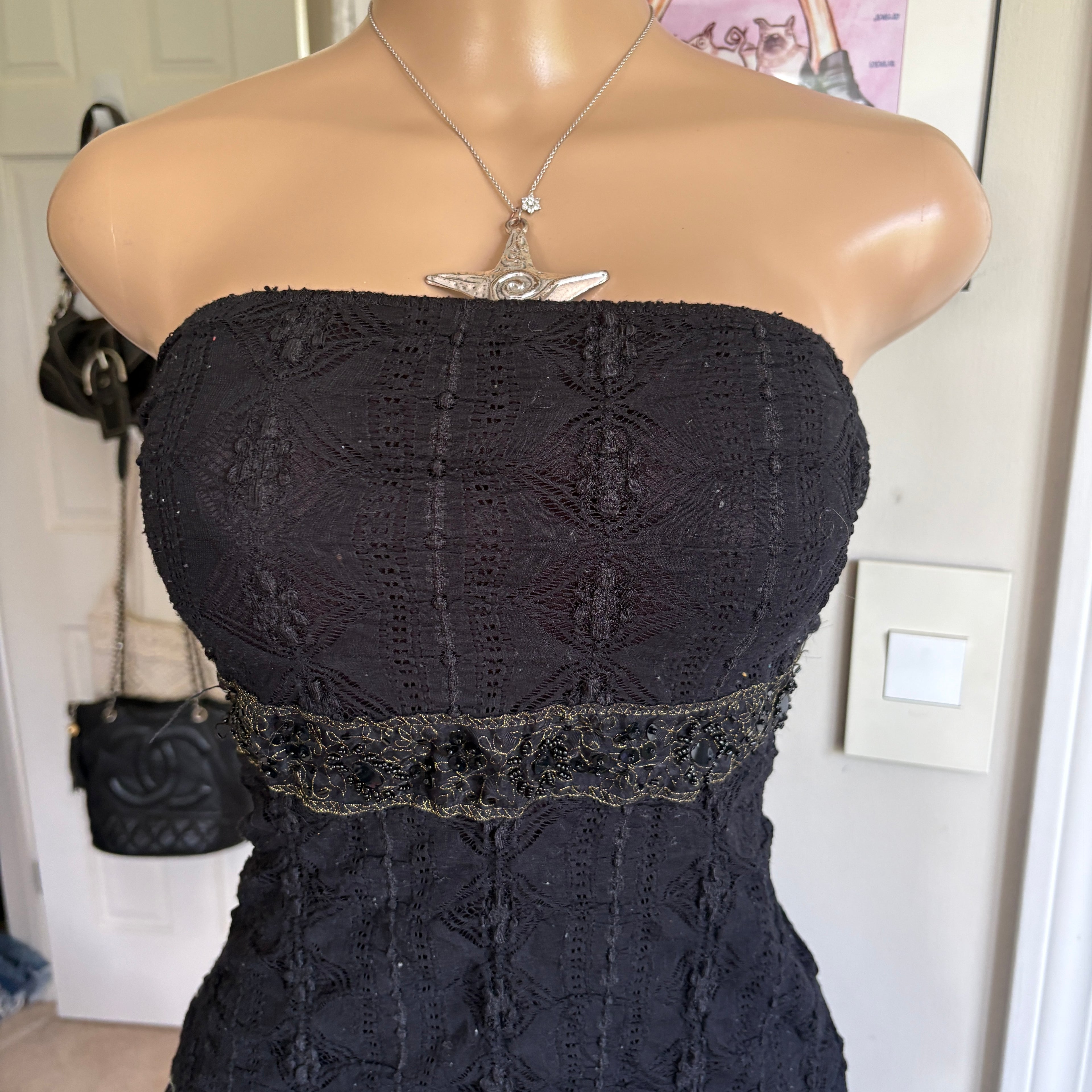 00s black floral lace tie back strapless top (size S)