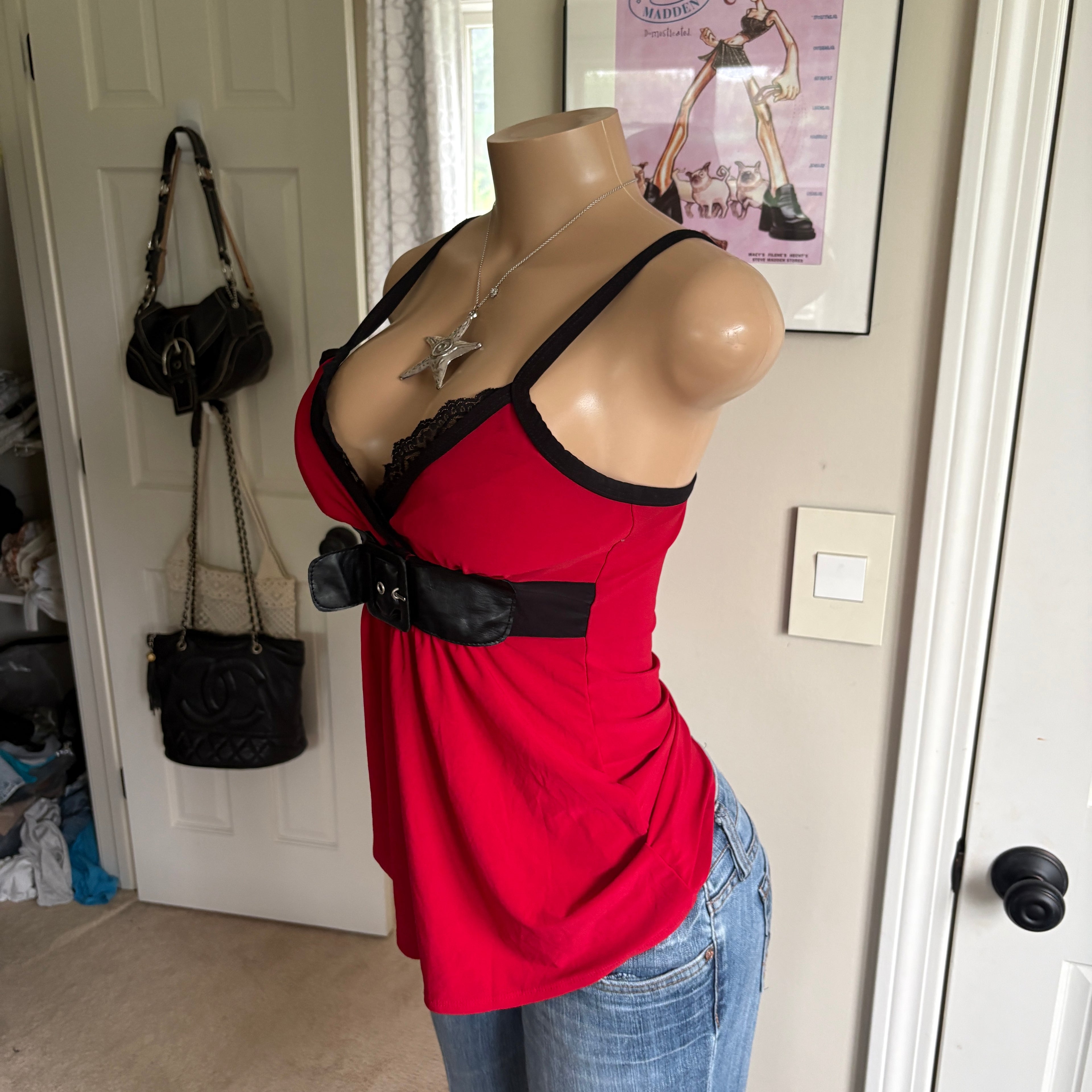 00s red & black buckle v neck cami (size M)