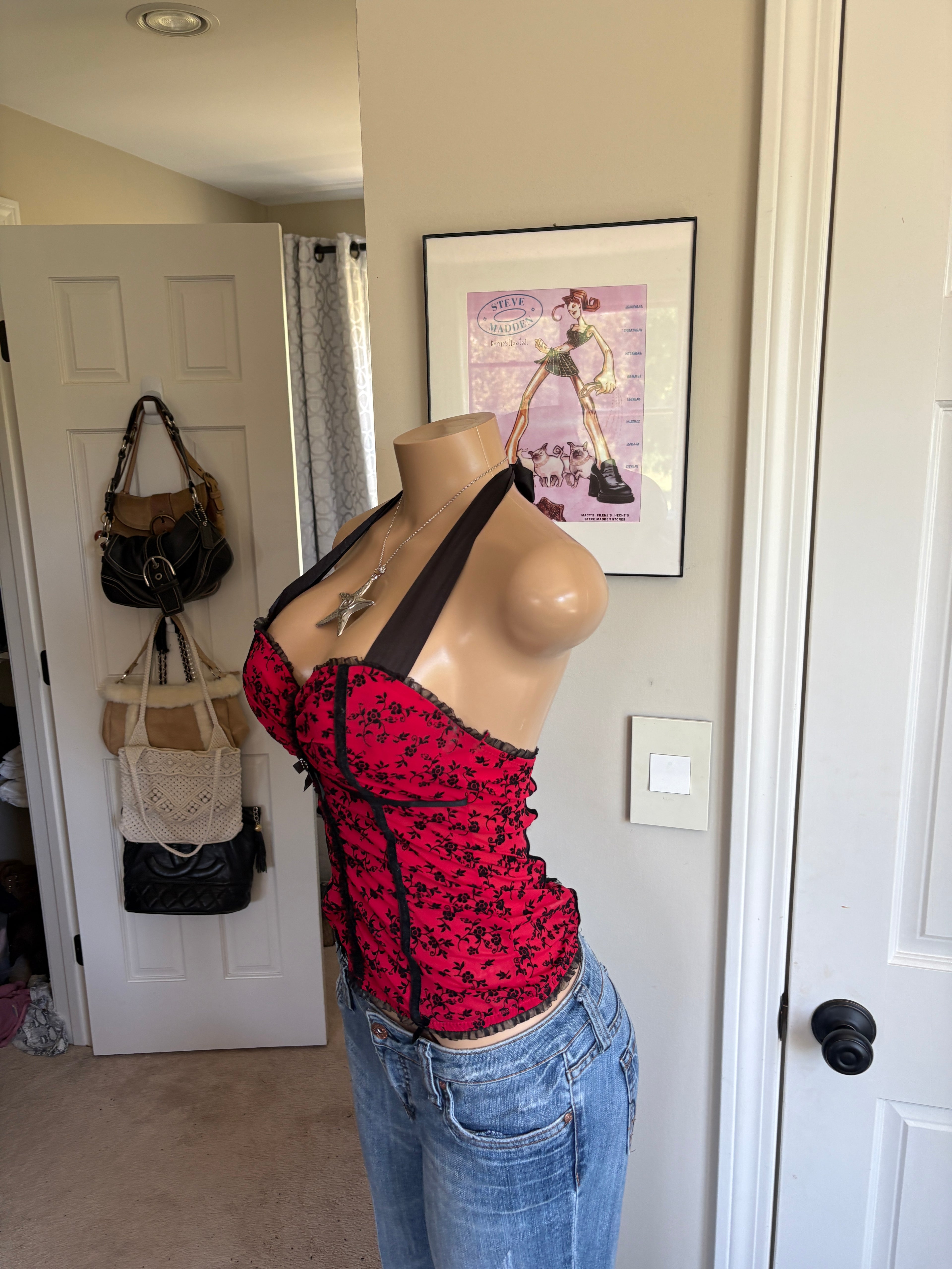 00s red floral halter bustier corset top (size 34B)